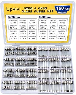 Upvivi Fast Blow Glass Fuse Assortment Kit 180pcs - 24 Values 250V 5x20mm & 6x30mm 0.5A-20A Overload Protection