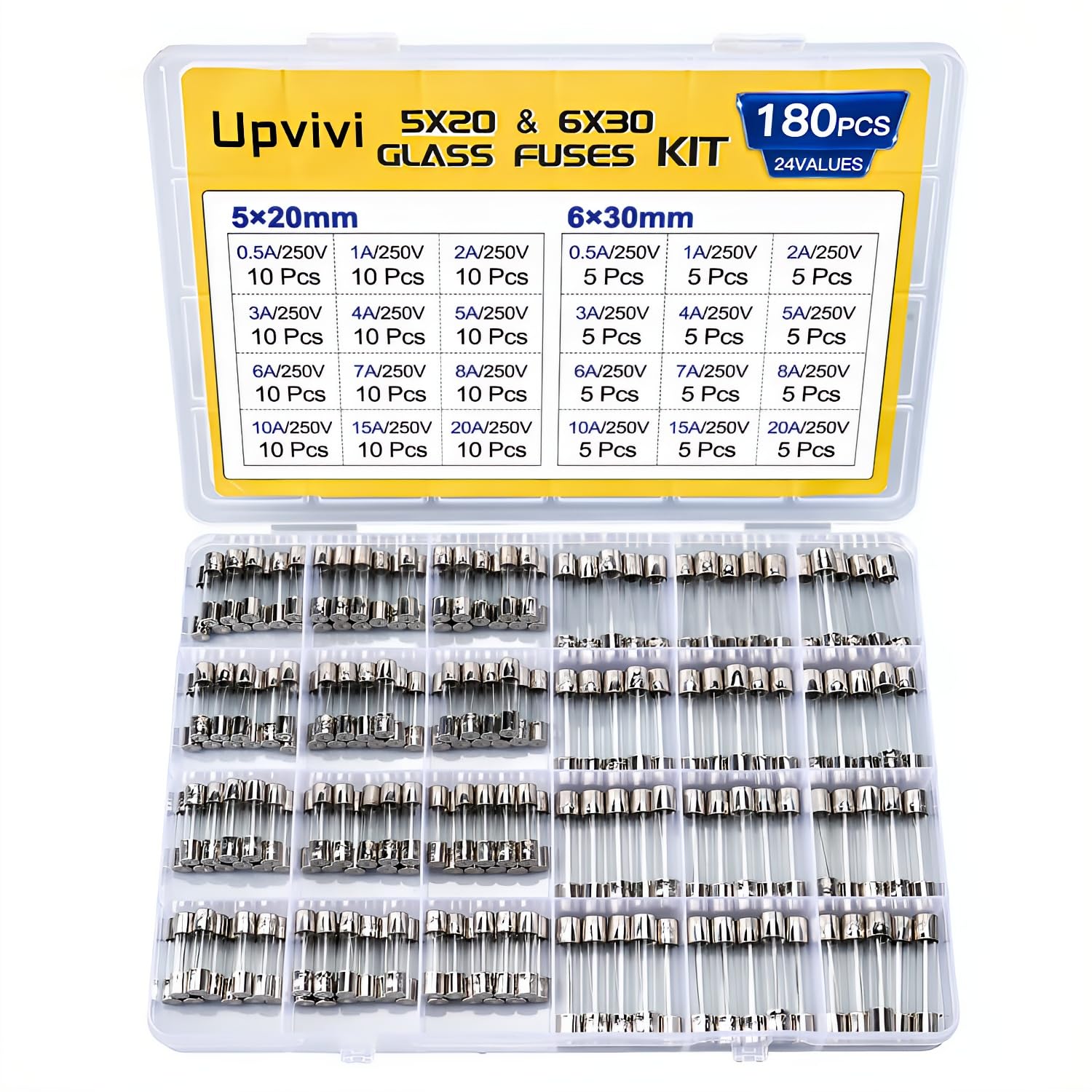 Fast Blow Glass Fuse Assortment Kit, 24 Values Glass Fuses 250V 5x20mm 0.5A 1A 2A 3A 4A 5A 6A 7A 8A 10A 15A 20A, 6x30mm 0.5A 1A 2A 3A 4A 5A 6A 7A 8A