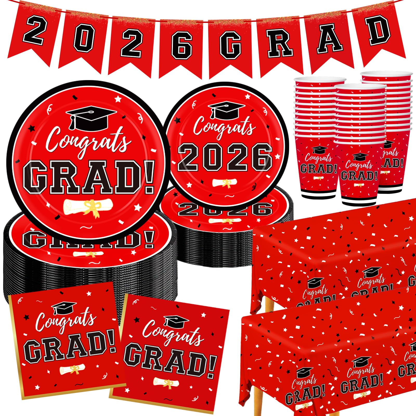 Graduation Decorations 2026 Disposable Red Graduation Tableware Kit for 50 Guests Plates Napkins Cups Tablecloth Hanging Graduation Party Decorations 2026