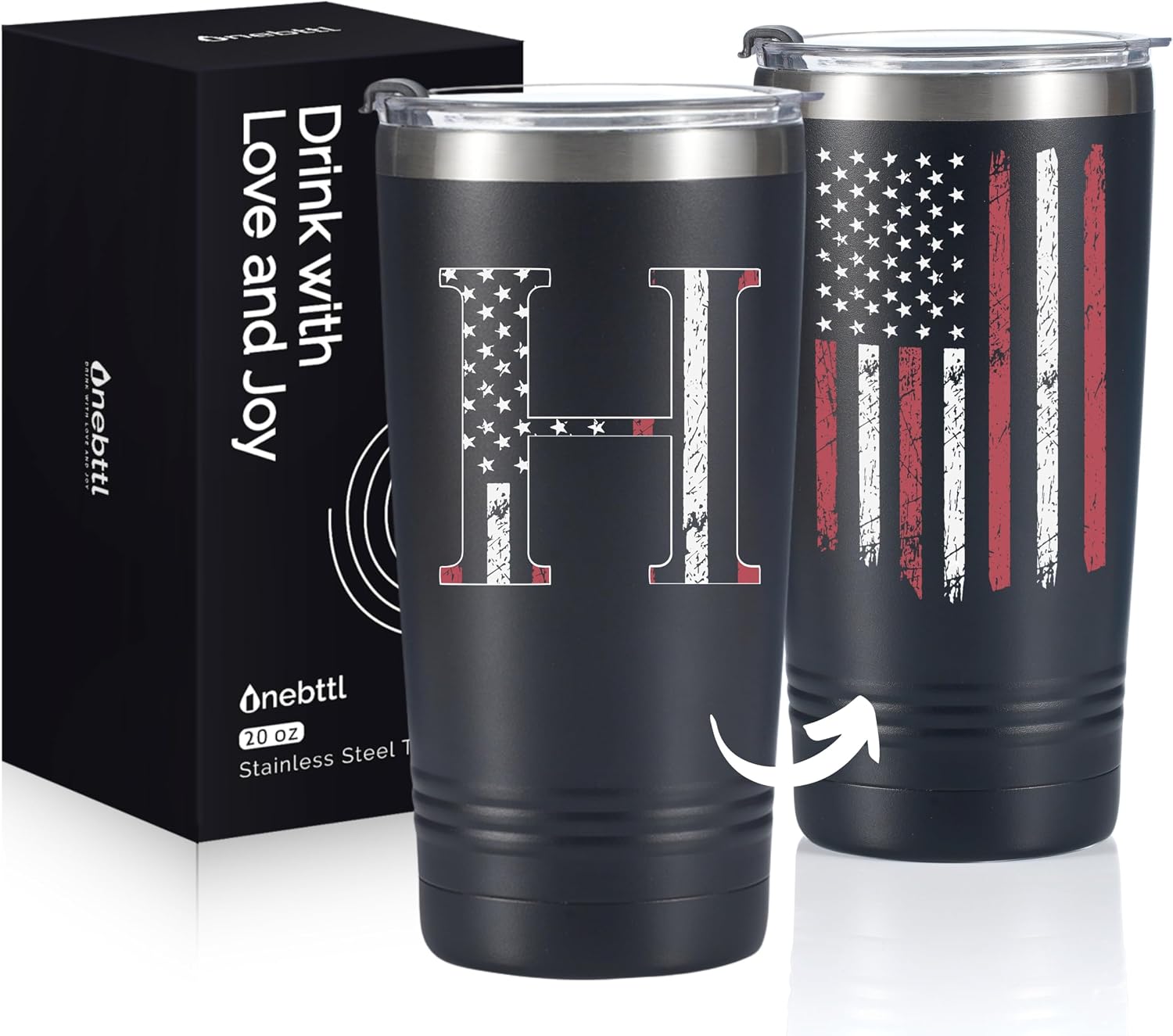 Onebttl Personalized Gifts for Men, Initial Birthday Gifts for Dad, Grandpa, Uncle, Brother, Friends, American Flag Tumbler - 20oz Insulated Stainless Steel Tumbler - H