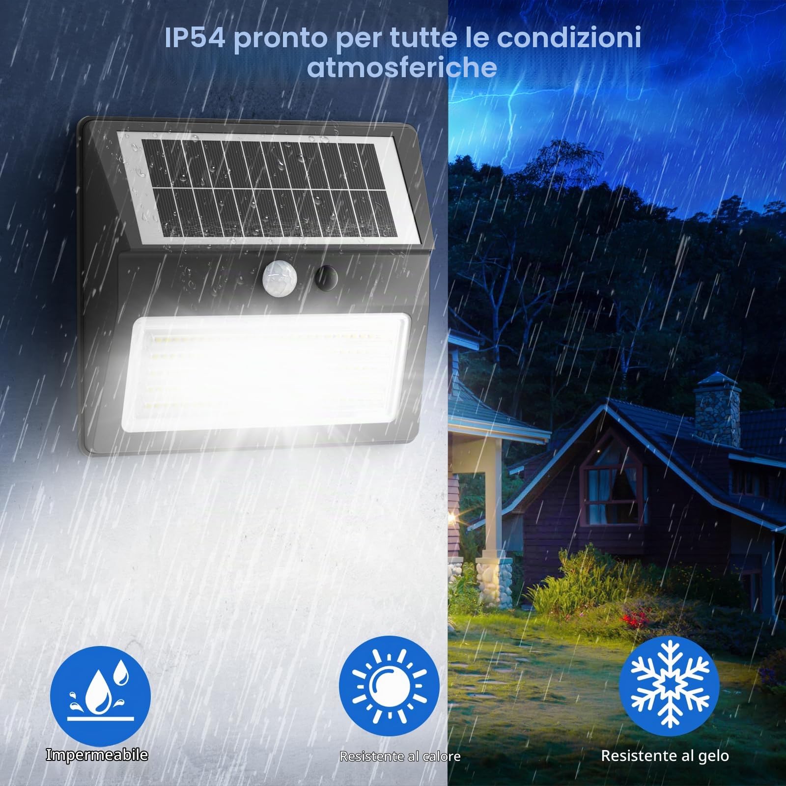 Faretto Luce Solare LED Esterno con Sensore di Movimento 2000mAh, 3 Modo Luce Solare LED Esterno 6500K IP65 Lampade da Esterno Solari con Pannello Solari per Garage, Parete, Giardino(4 Pezzi)