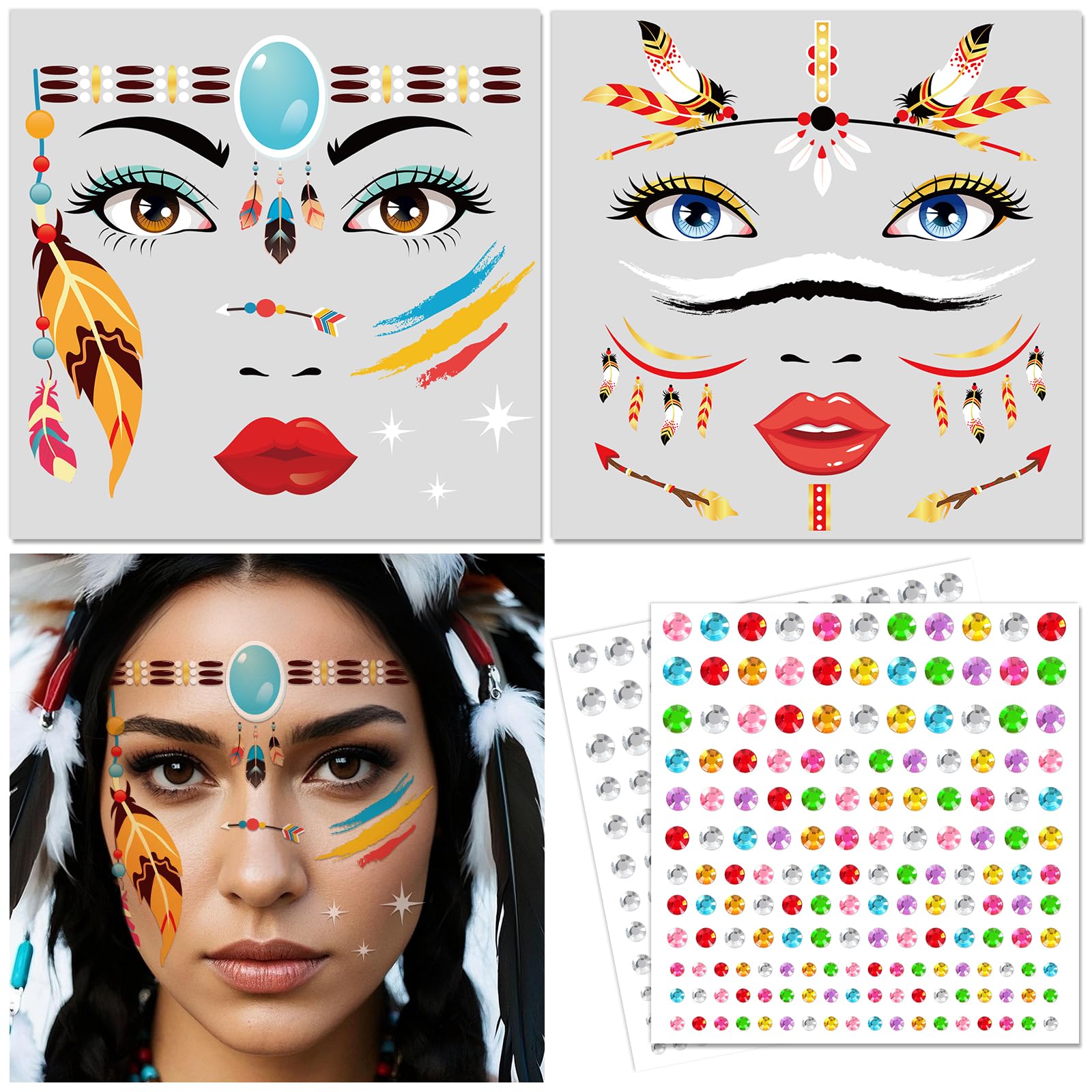 DPKOW Indian Face Tattoos, Indian Temporary Tattoos Stickers with Face Gems, Fake Tattoos for Indian dresses Accessories for Women