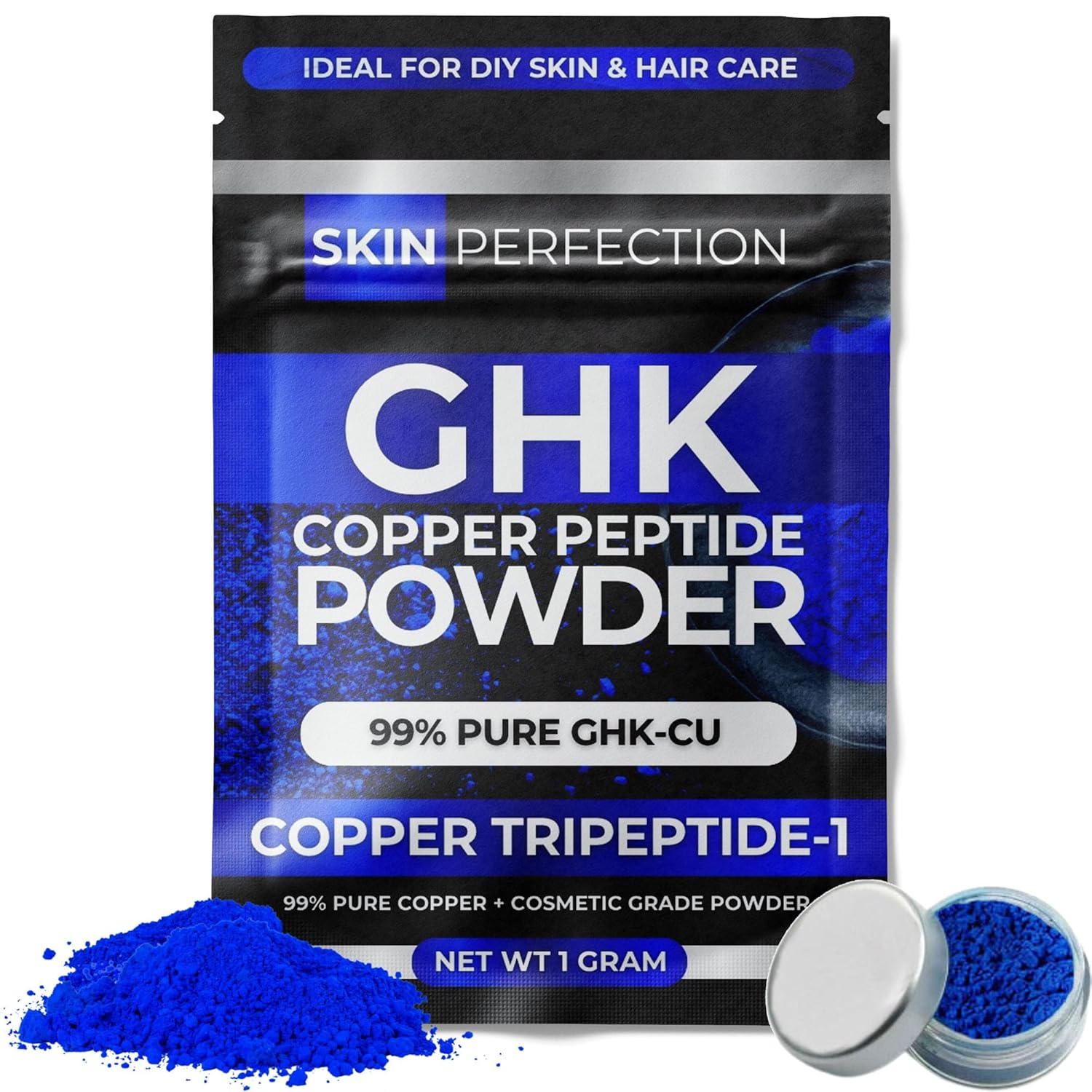Skin Perfection GHK-Cu Copper Peptide Powder 99.7% Pure – DIY Copper Peptides Serum for Face and Scalp - Cosmetic-Grade GHK-Cu - 1 Gram Creates Up to 100ml for Fuller Hair and Smoother Skin