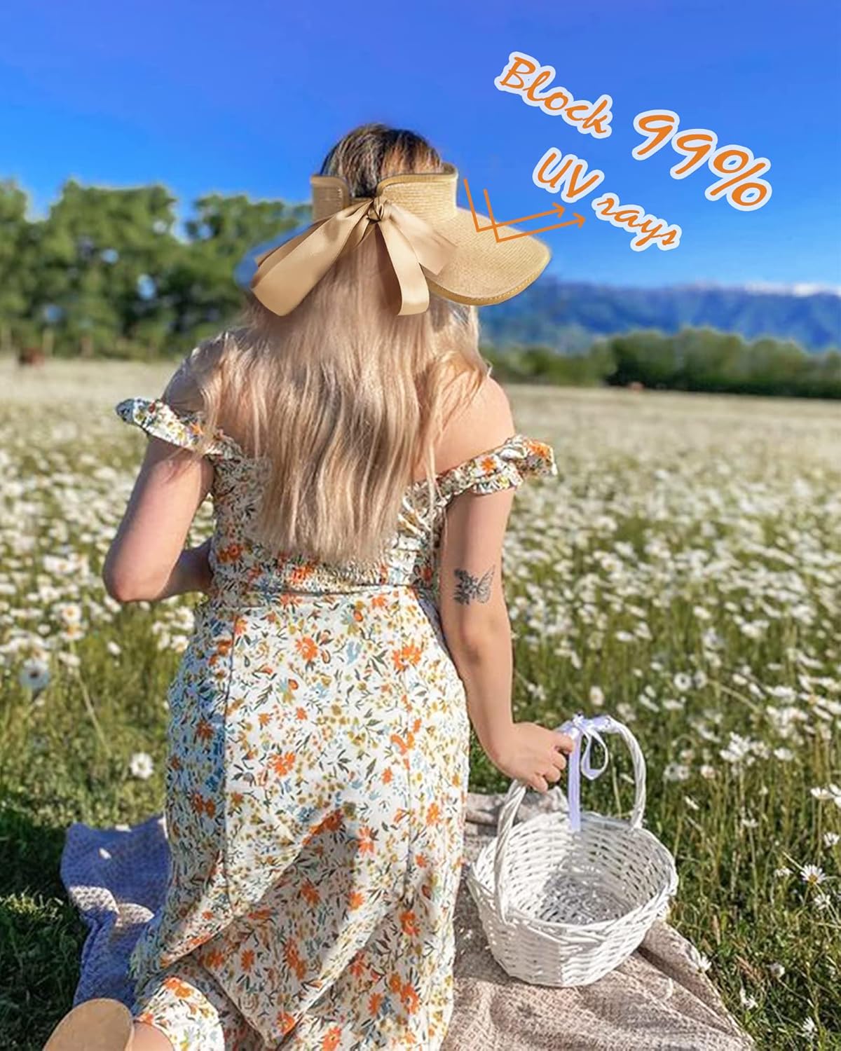 Camptrace Sun Visors for Women Wide Brim Beach Hat Foldable Straw Visor Hat Ponytail Summer Packable UPF 50+ - Image 9