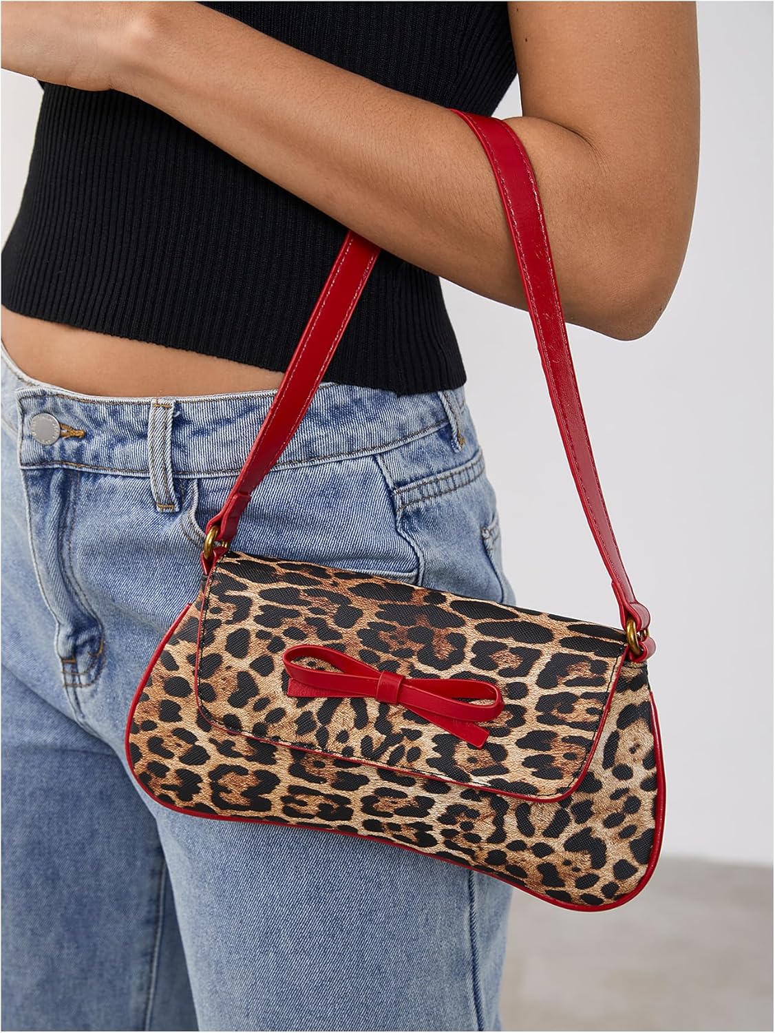 MakeMeChic Women's Cheetah Print Purse Faux Leather Leopard Bow Y2K Flap Shoulder Bag
