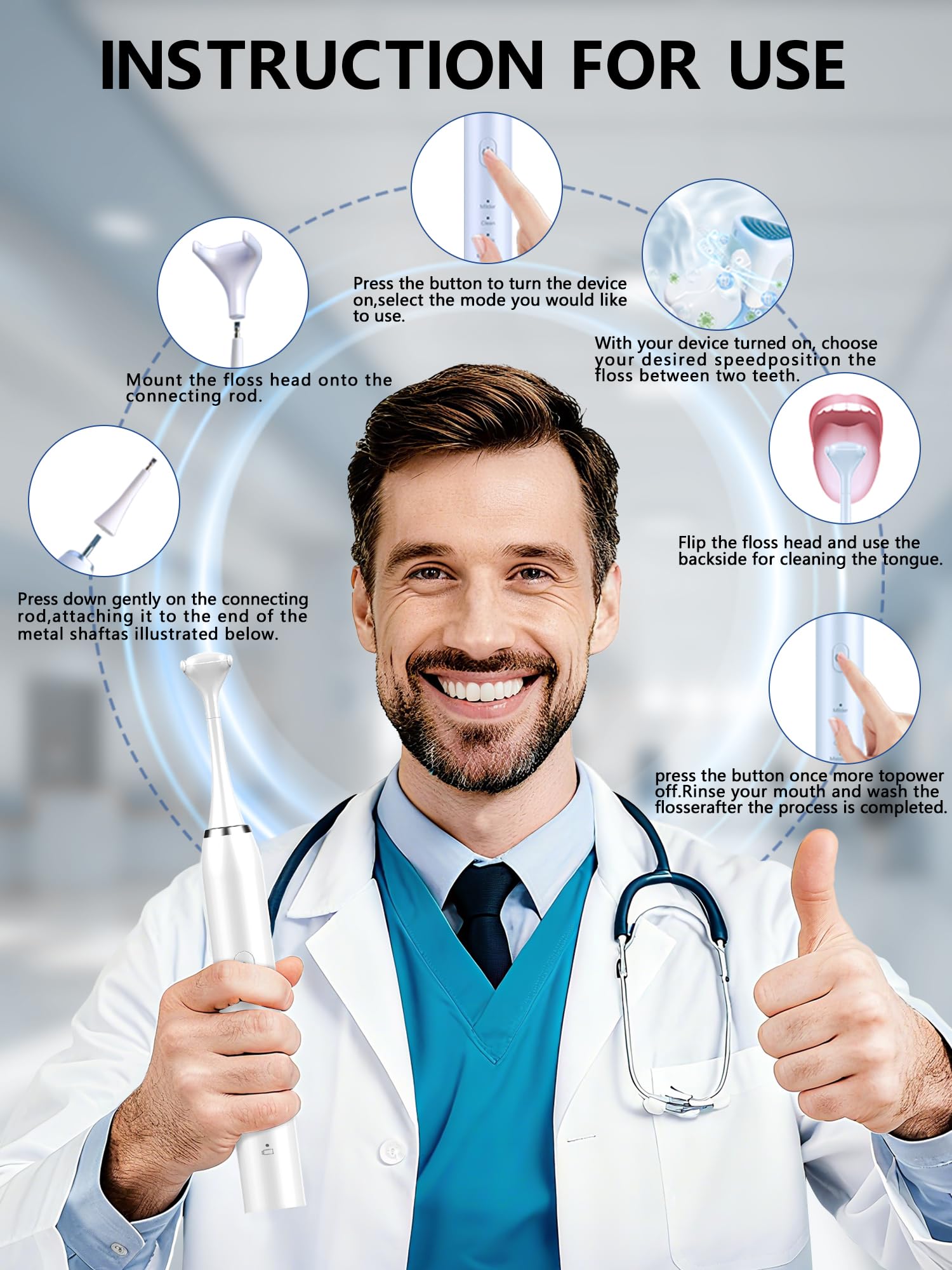Hilo dental eléctrico para dientes, hilo dental eléctrico con 50 cabezales de repuesto, 4 modos de limpieza, hilo dental fácil de deslizar para un cuidado suave de las encías, hilo dental recargable y