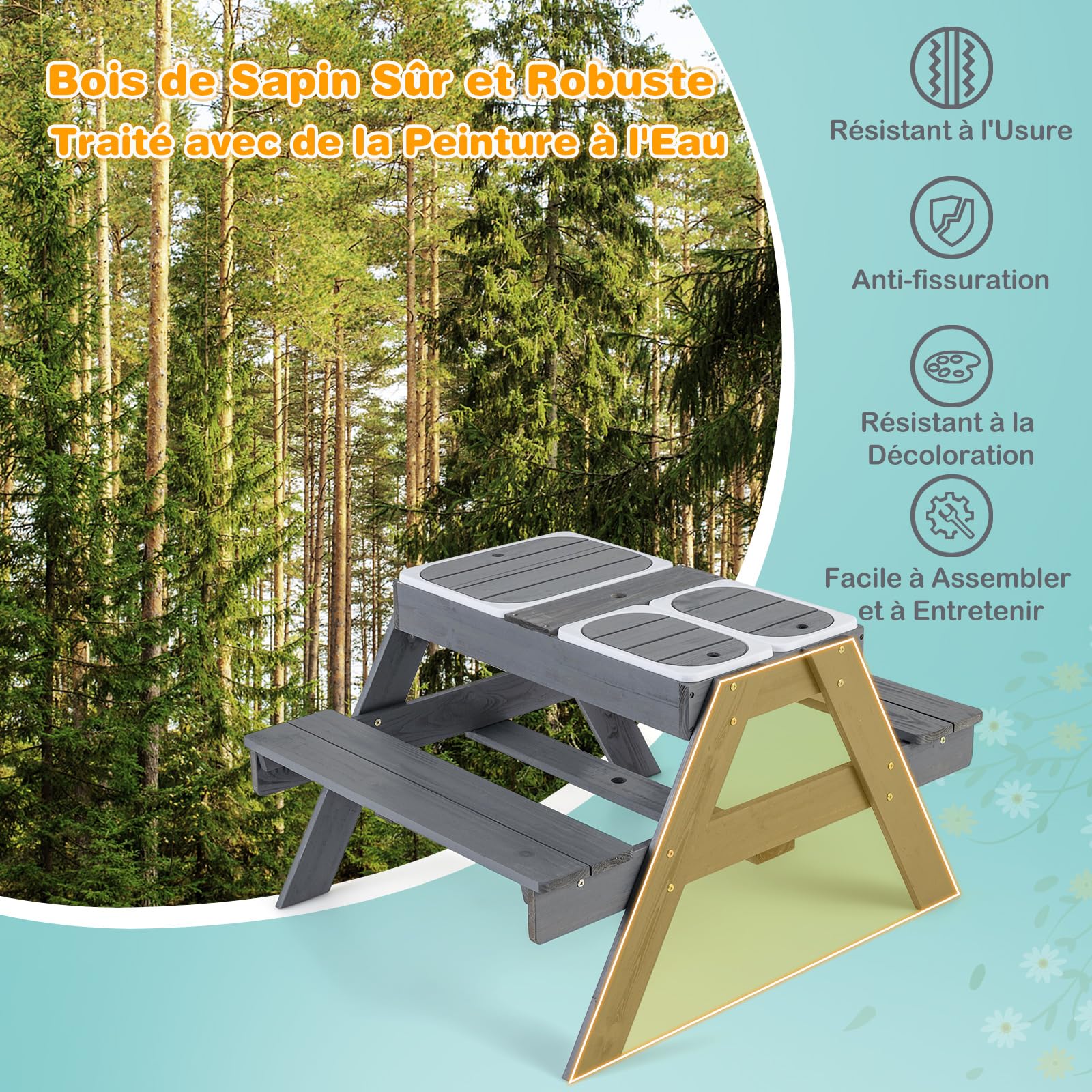 COSTWAY Table de Pique-Nique Enfants avec Parasol Réglable & 3 Bacs Amovible, Table de Jardin Extérieur en Sapin pour Sable et Eau, Charge 100kg pour Enfants de 3 Ans+ pour Jardin Terrasse