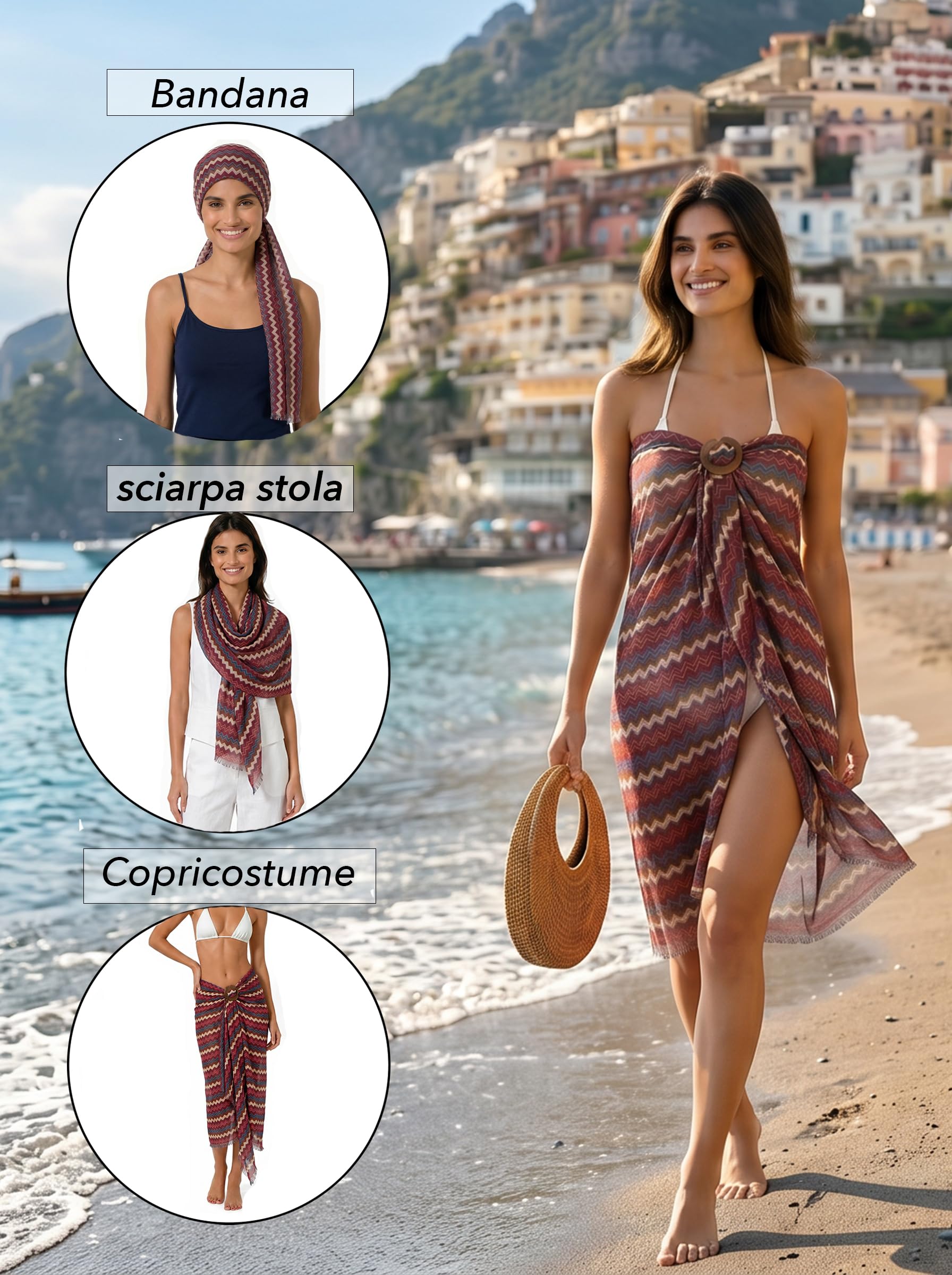 Pareo Donna Mare Lungo 100% Bamboo Made in Italy - Pareo Copricostume da Spiaggia Leggero e Traspirante con Fermapareo in Legno