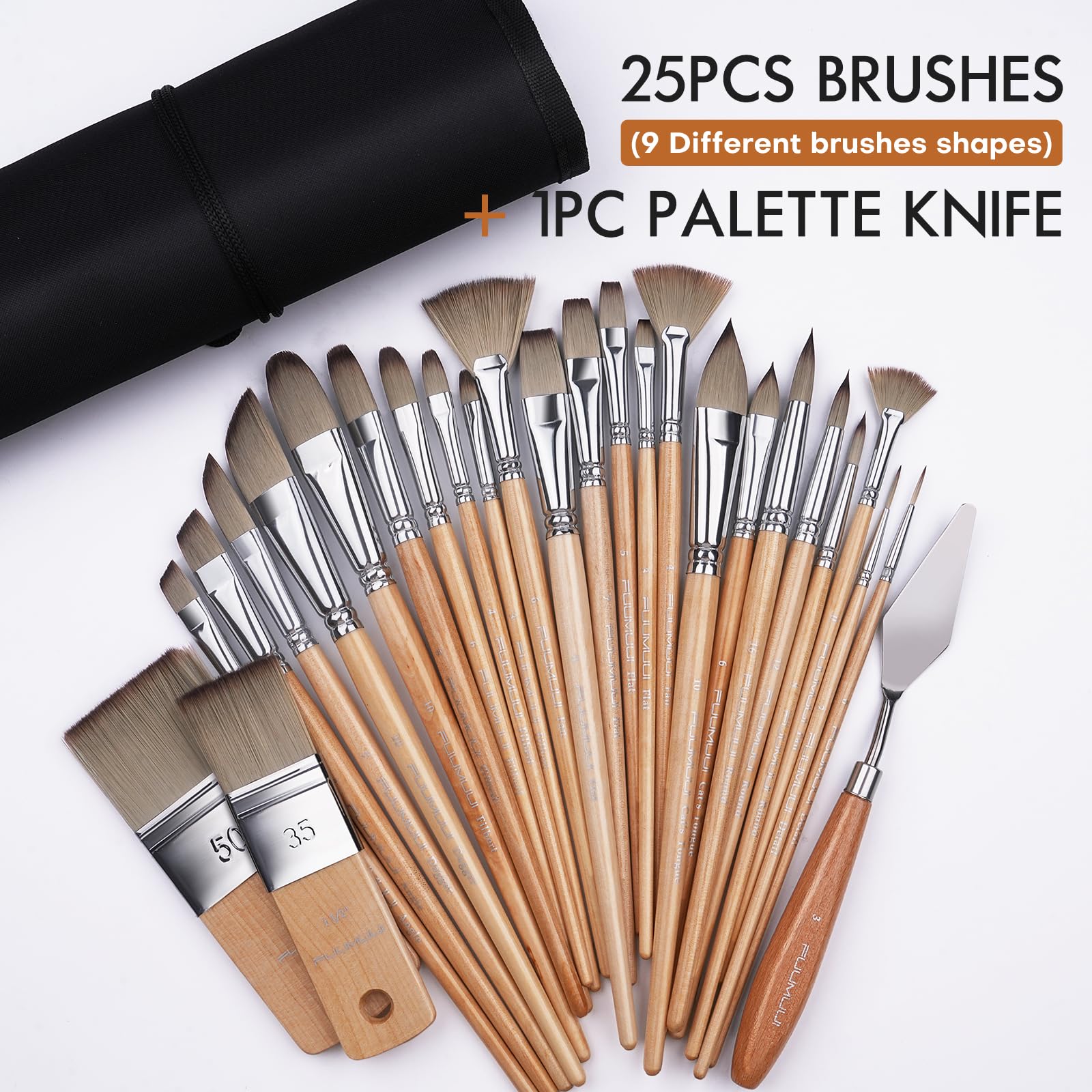 Fuumuui Set di 26 pennelli professionali per pittura acrilica, gamma completa di dimensioni con manico corto e largo piatto e spatola per acrilico, olio, acquerello, guazzo