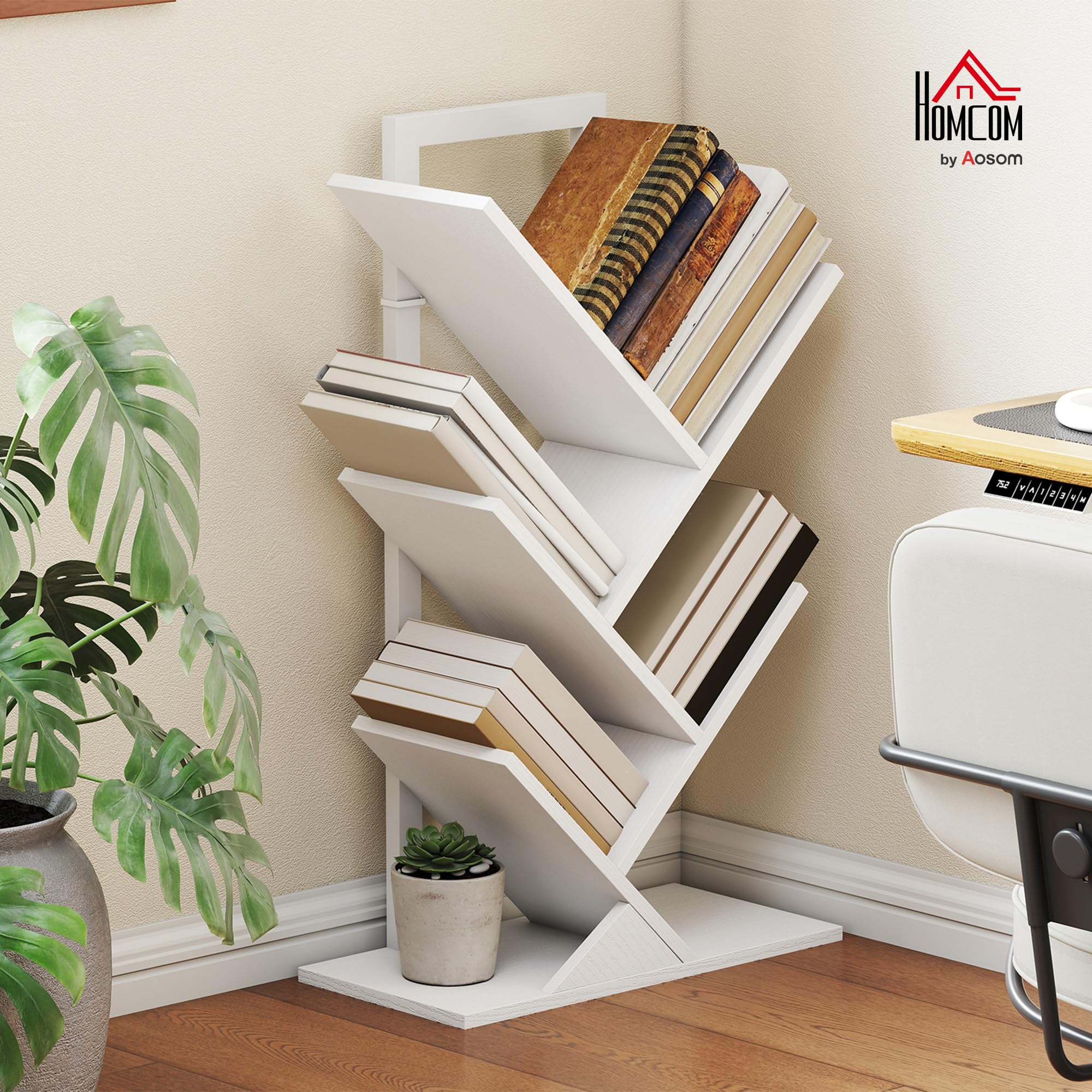 HOMCOM Librería en Forma de Árbol de 5 Niveles, Estantería de Libros con 5 Estantes, Estructura de Acero, para CD, DVD, Álbumes, Sala de Estar, Oficina, Estudio, Dormitorio, 50x24x82 cm, Blanco