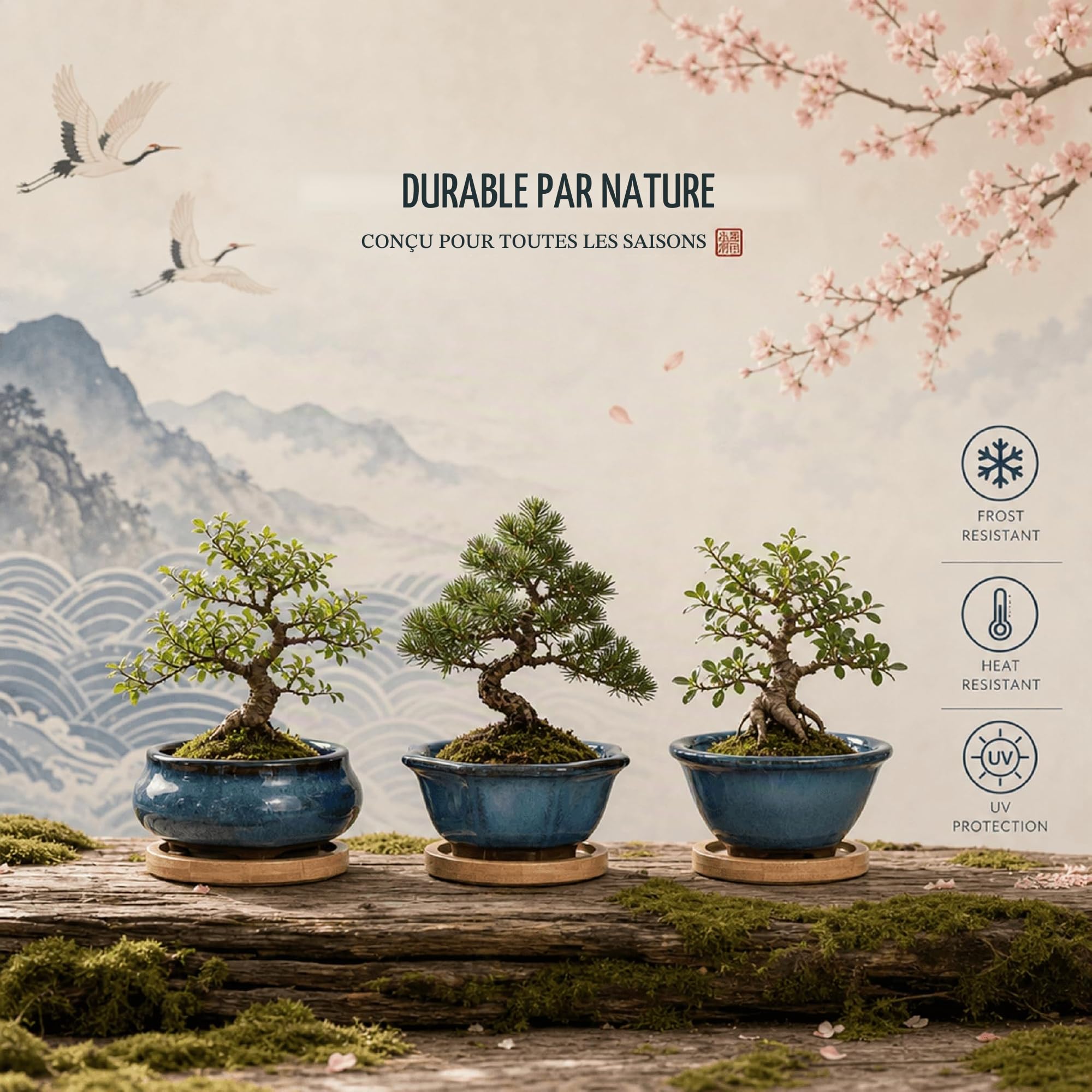 Lot de 3 Pots à Bonsaï en Céramique Émaillée avec Trous de Drainage, Grilles Filtrantes & Plateaux en Bambou| Design Japonais Traditionnel | Idéal Plantes Intérieures & Décoration
