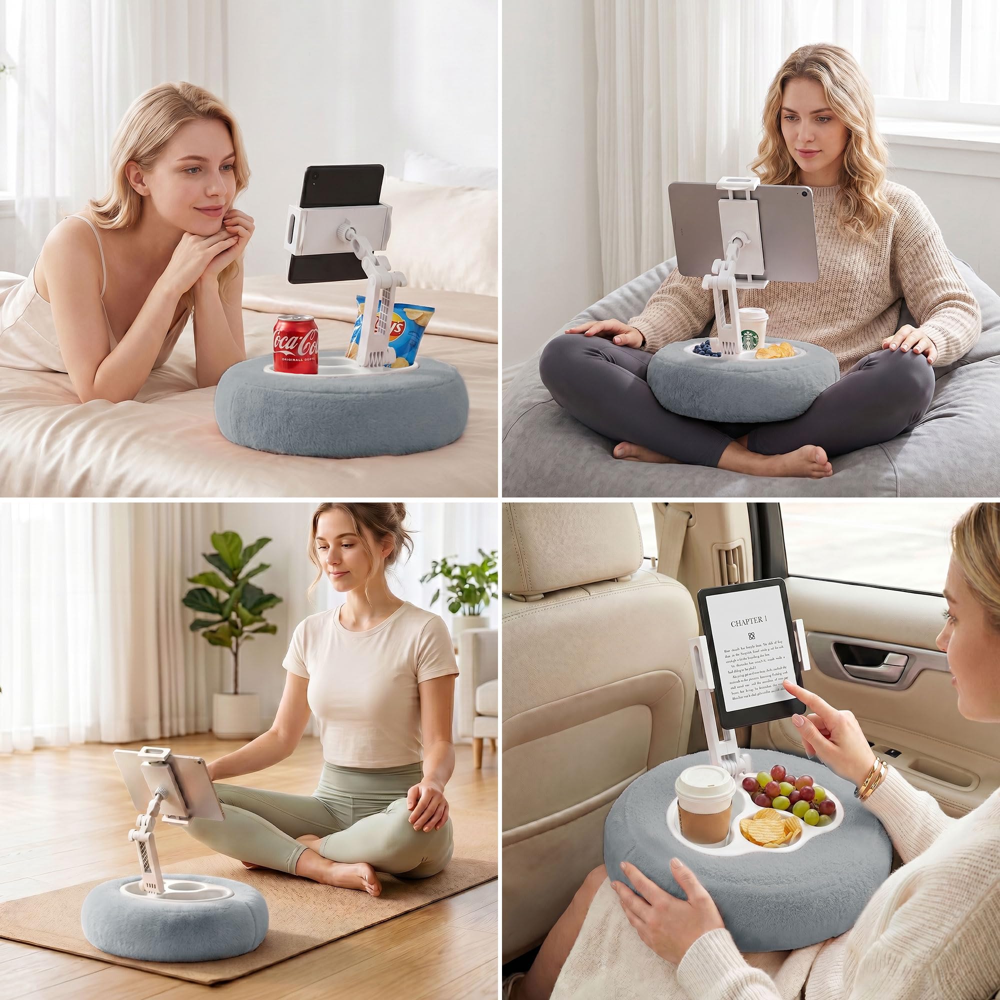 PlusAcc Cuscino per Kindle con 3 ciotole per snack – Cuscinetto porta-tablet, regolabile 360° per l’uso in grembo, supporto lettura mani libere per Kindle, Kobo, tablet, lavabile (Grigio)