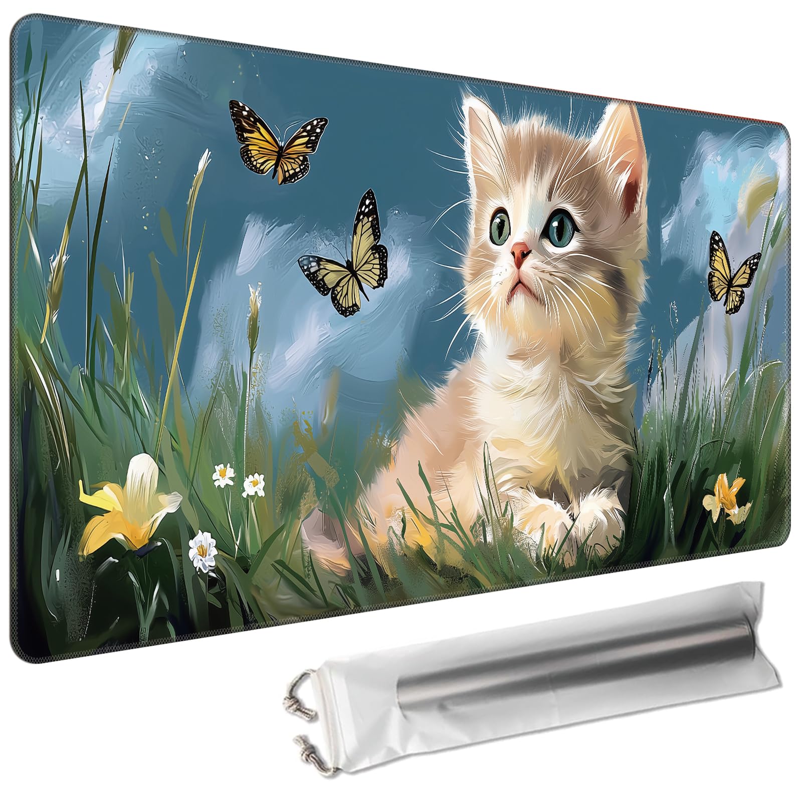 Cdkfxjy MTG Playmat 24 x 14in Includes Storage Bag,TCG Playmat with Soft Surface Premium Non-Slip Rubber Backing Stitched Edges Durable Gaming Mat,Cat Butterflies