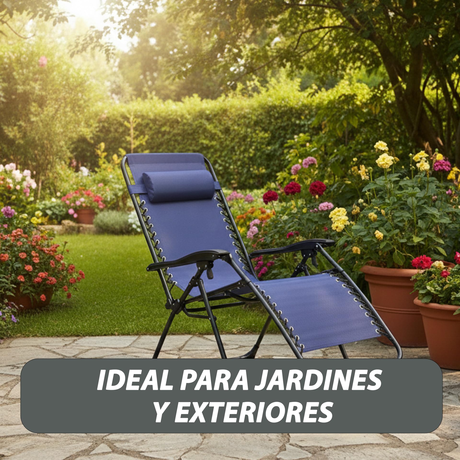 Tumbona Plegable para Exterior | con Cojín y Reposapiés Acolchados | Silla Reclinable Ergonómica y Resistente | Estructura de Acero | Ideal para Jardín, Terraza, Playa (Azul Oscuro)