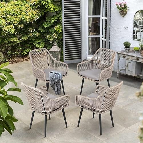 JOIVI Outdoor Patio Dining Chairs Set of 4, Woven Rattan Chairs with Armrest & Cushions Kitchen Wicker Dining Chairs with Iron Frame, Outdoor Seating for Outside, Lawn, Garden, Backyard, Indoor, Beige