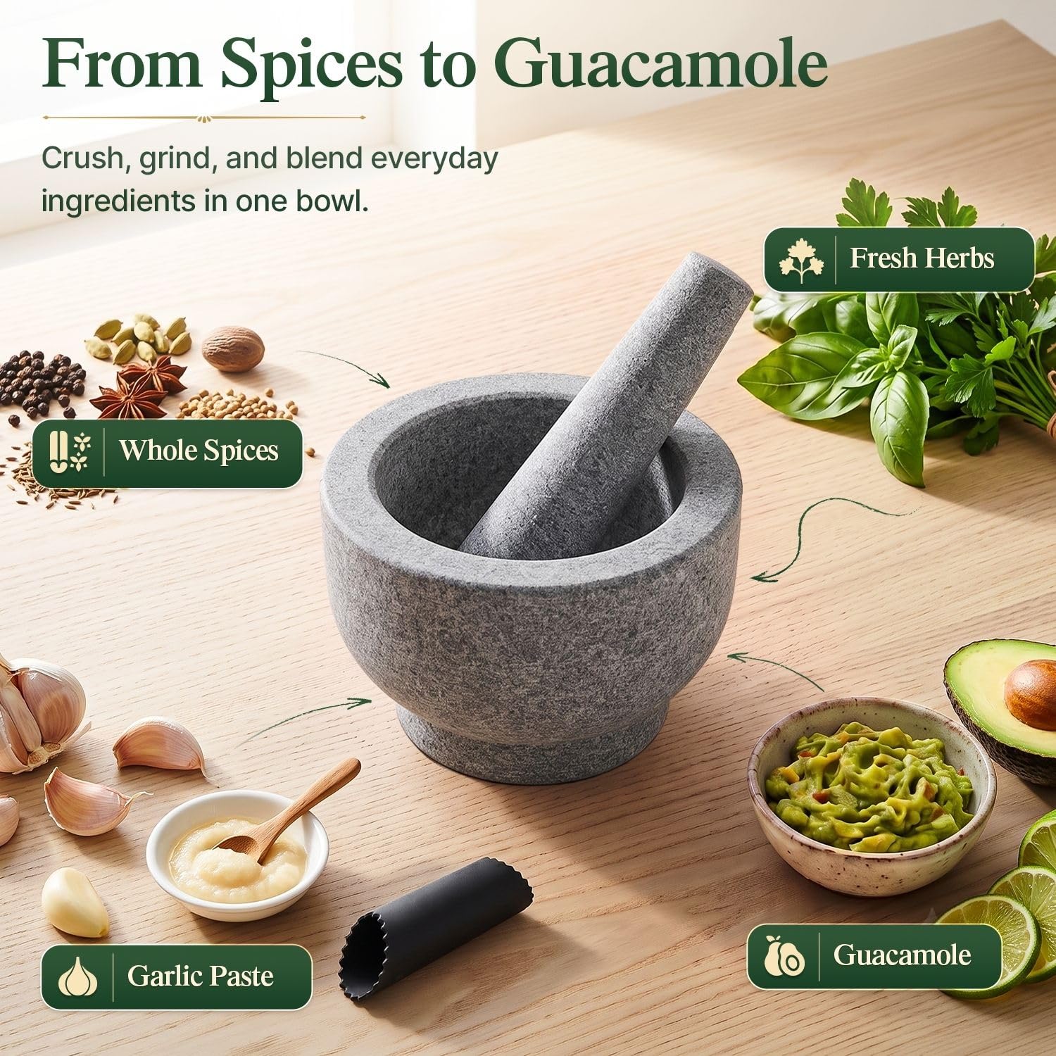 Flexzion Ensemble de mortier et pilon en granit 4 tasses avec éplucheur d'ail et tapis antidérapant pour guacamole, herbes, épices, salsa, gris