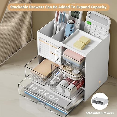 Miniatura 4 de QIYVLOS Organizador de escritorio con 3 cajones, soporte multifuncional para lápices, organizador de escritorio y almacenamiento con 5