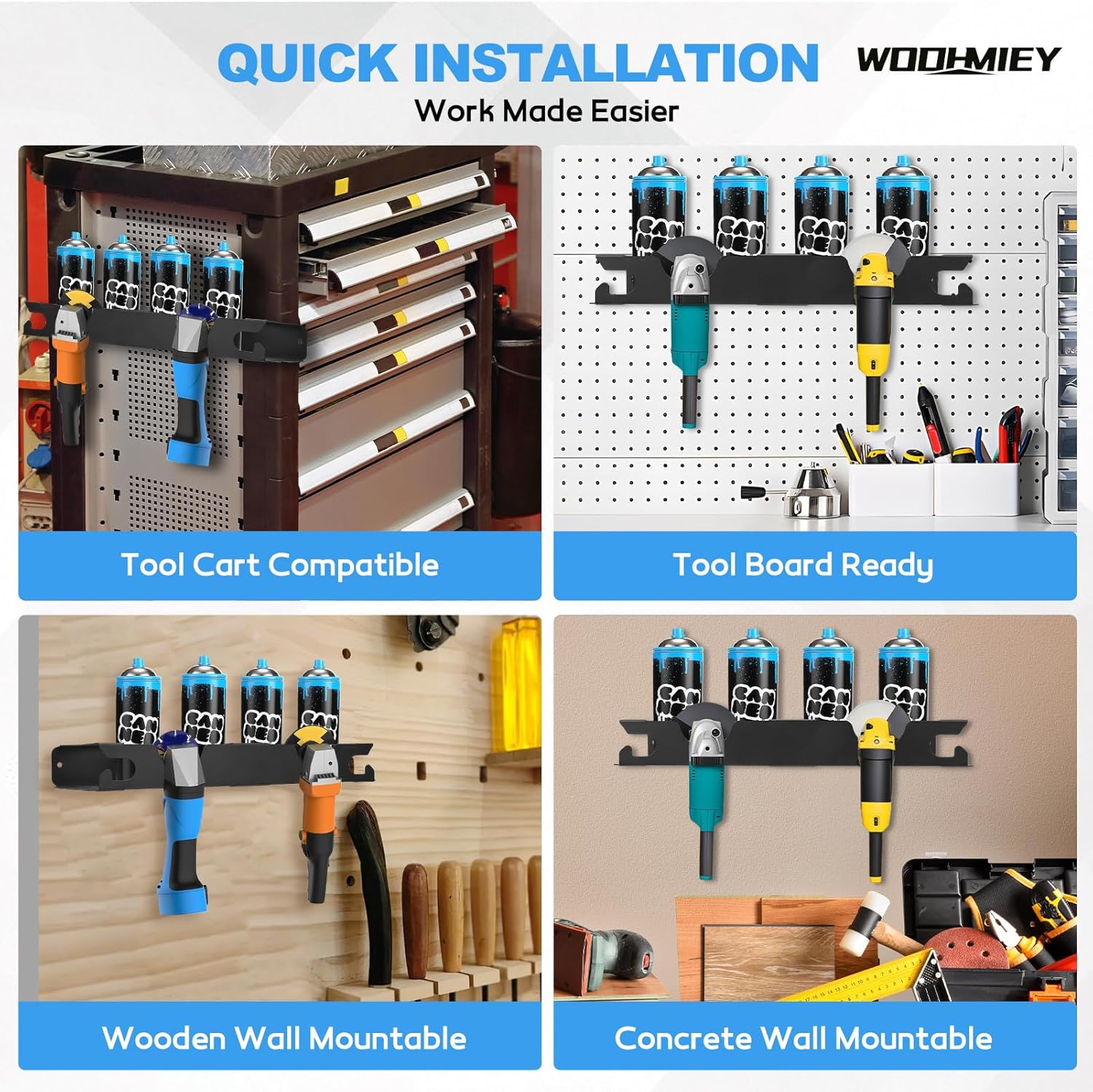 Spray Bottle Storage Rack with Angle Grinder Holder, with 4 Spray Bottle Holes 2 Grinder Slots for Garage Workshop Organization