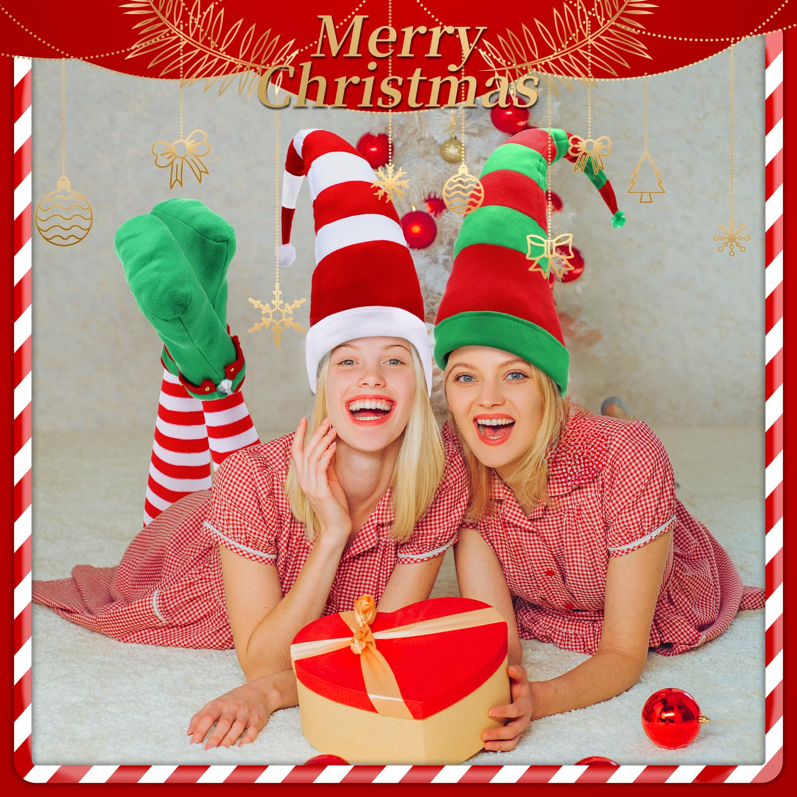 Liitrsh Juego de 10 disfraces de elfo de Navidad para mujeres adultas, 2 delantales de tela, sombrero de terciopelo, medias a rayas, orejas de elfo y zapatos