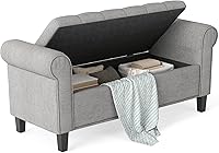 HOMCOM 50" Gray Storage Ottoman Bench with Rolled Arms, Button Tufting, Safety Hinges - Upholstered End of Bed Bench for Bedroom, Living Room