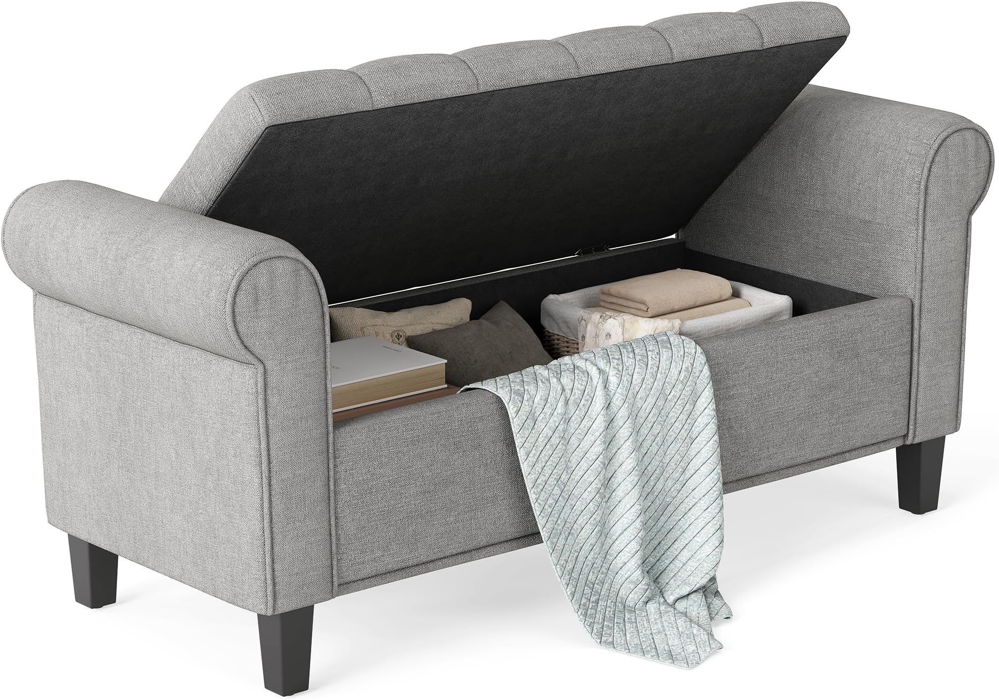 HOMCOM 50" Storage Ottoman Bench, Upholstered End of Bed Bench with Rolled Arms, Wood Legs, Button Tufted Storage Bench with Safety Hinges for Living Room, Entryway, Bedroom, Gray
