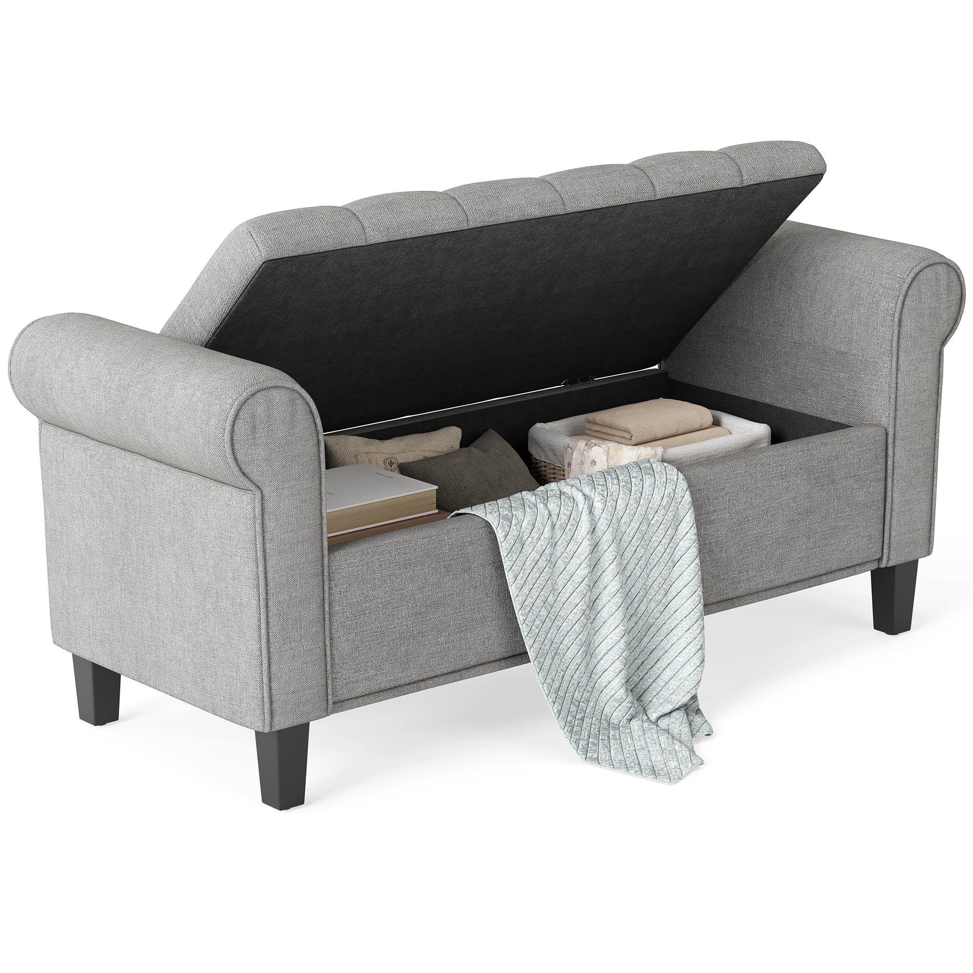 HOMCOM 50" Storage Ottoman Bench, Upholstered End of Bed Bench with Rolled Arms, Wood Legs, Button Tufted Storage Bench with Safety Hinges for Living Room, Entryway, Bedroom, Gray