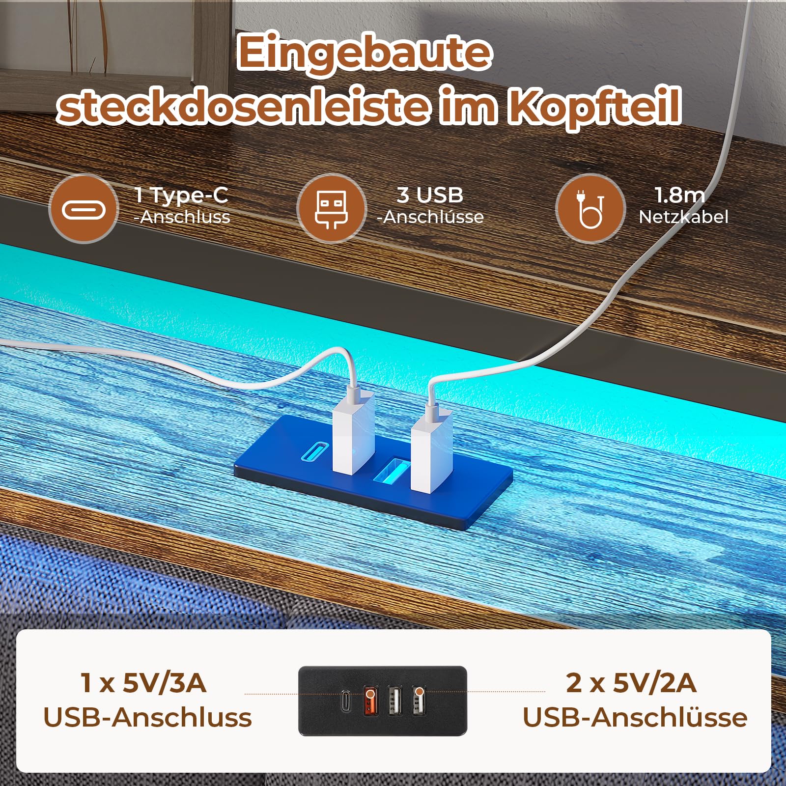 AOGLLATI Letto imbottito 140 x 200 cm con rete a doghe in metallo, struttura del letto con illuminazione a LED e prese Letto doppio con testiera in legno