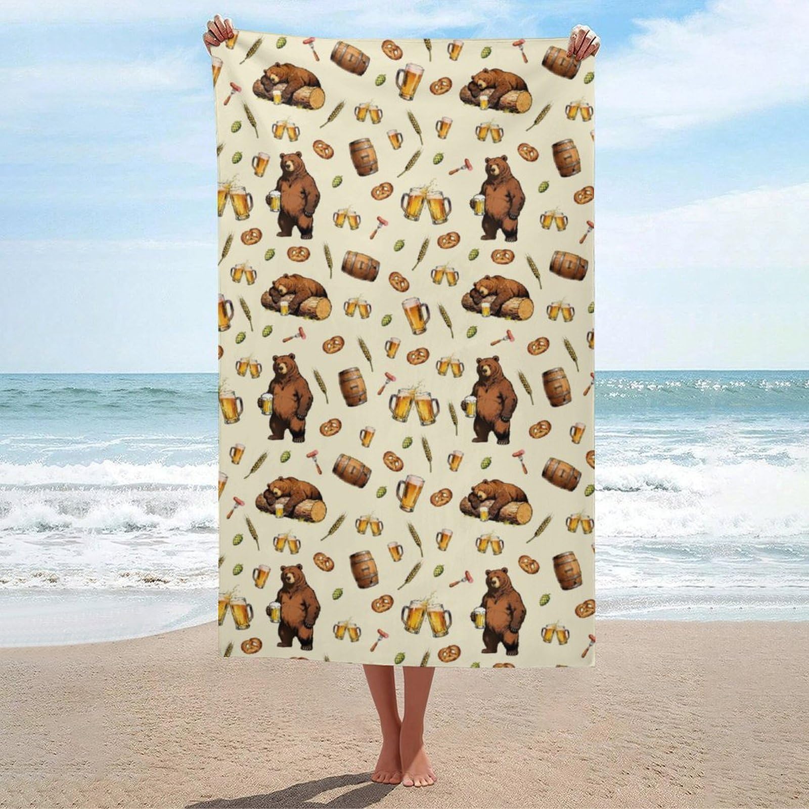 Anceky Bath Towel Quick-Dry Large Bear Beer Beach Towels Soft Absorbent Bath Towel for Travel Swimming Gym 31 X 51 in