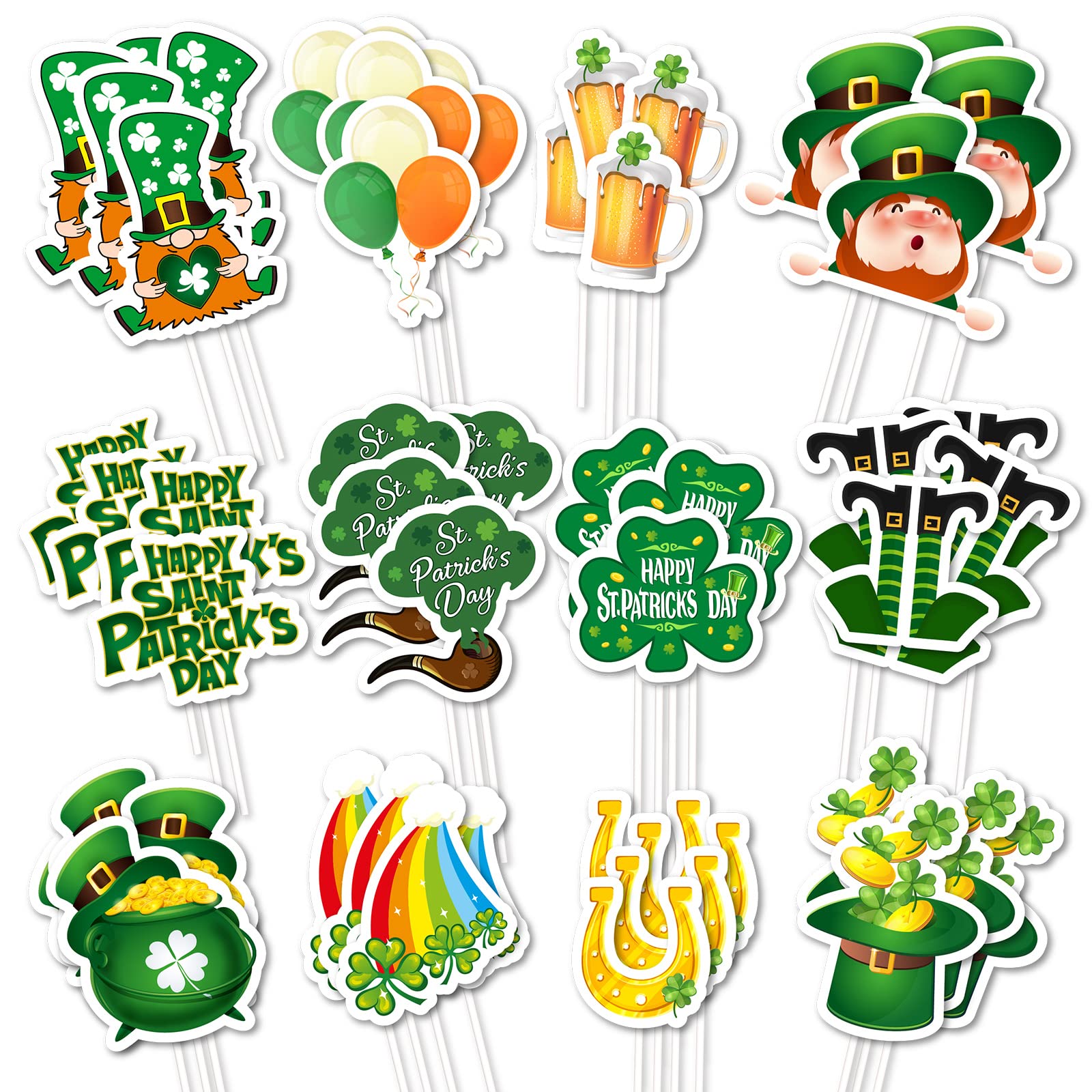 Whaline 72Pcs St Patrick's Day Cupcake Topper with Sticks Glue Point 12 Designs Shamrock Leprechauns Cupcake Picks for St Patrick's Day Party Irish Holiday Supplies Cake Decorations