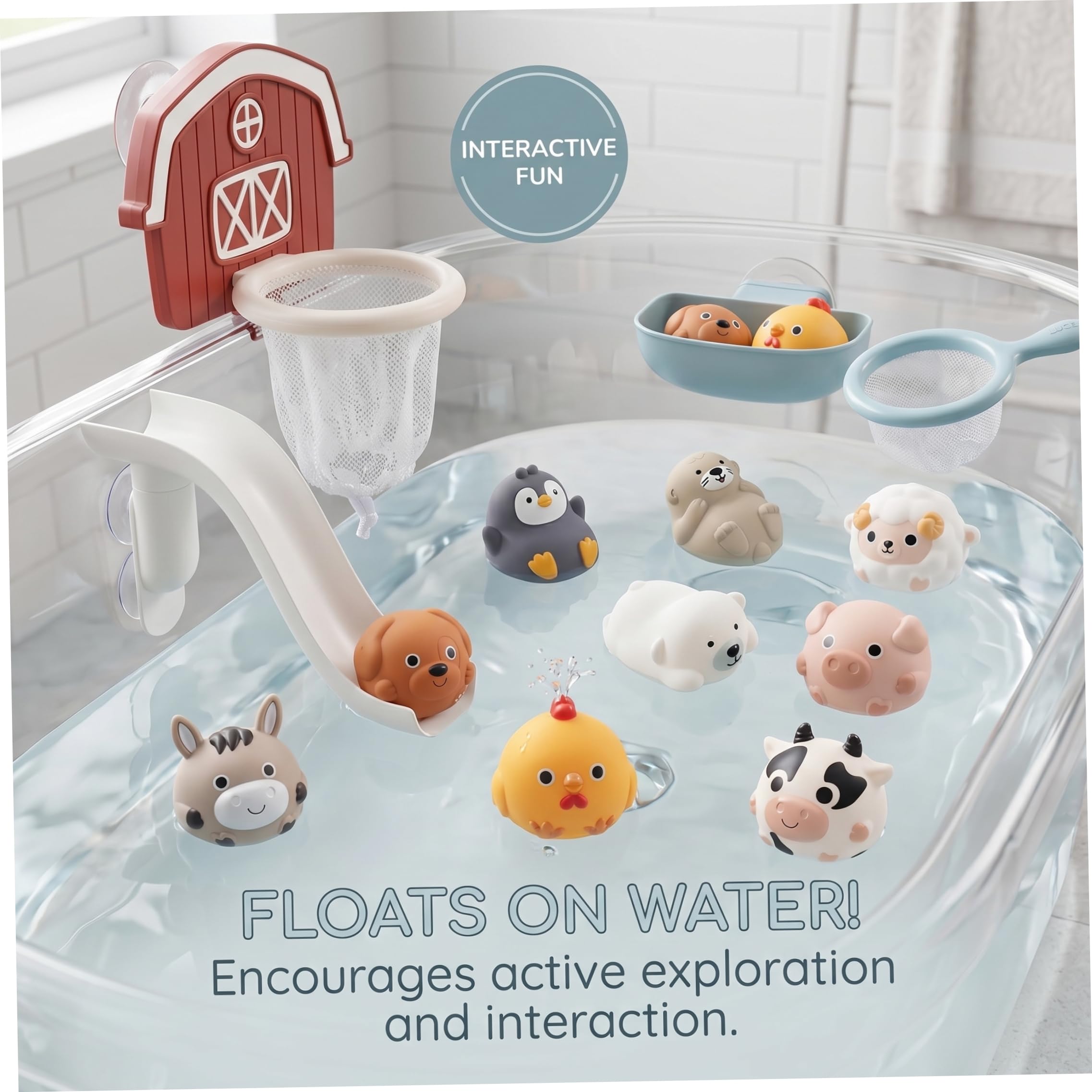 Juguetes de piscina para niños pequeños de 1 a 3 años juguetes de baño para niños juego de 13 piezas con tobogán de baño con animales flotantes aro y red juego interactivo de bañera para bebés niñas y