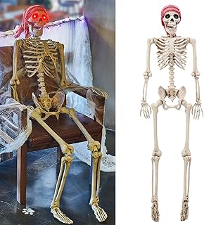 yosager 5 ft Pose-N-Stay Life Size Skeleton with Glowing Eyes, Human Bones Full Body Realistic with Posable Joints, Pose Skeleton Prop for Halloween Decoration
