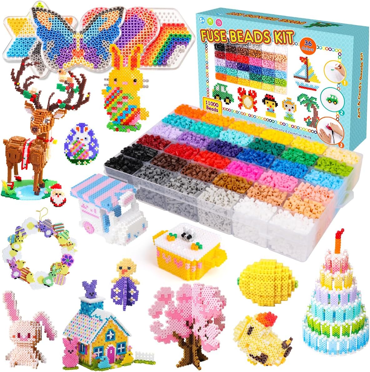 MerryXGift Fuse Beads Set, 11000pcs 36 Colours 5mm Iron Beads for Boys Girls DIY Craft Birthday Easter Gifts