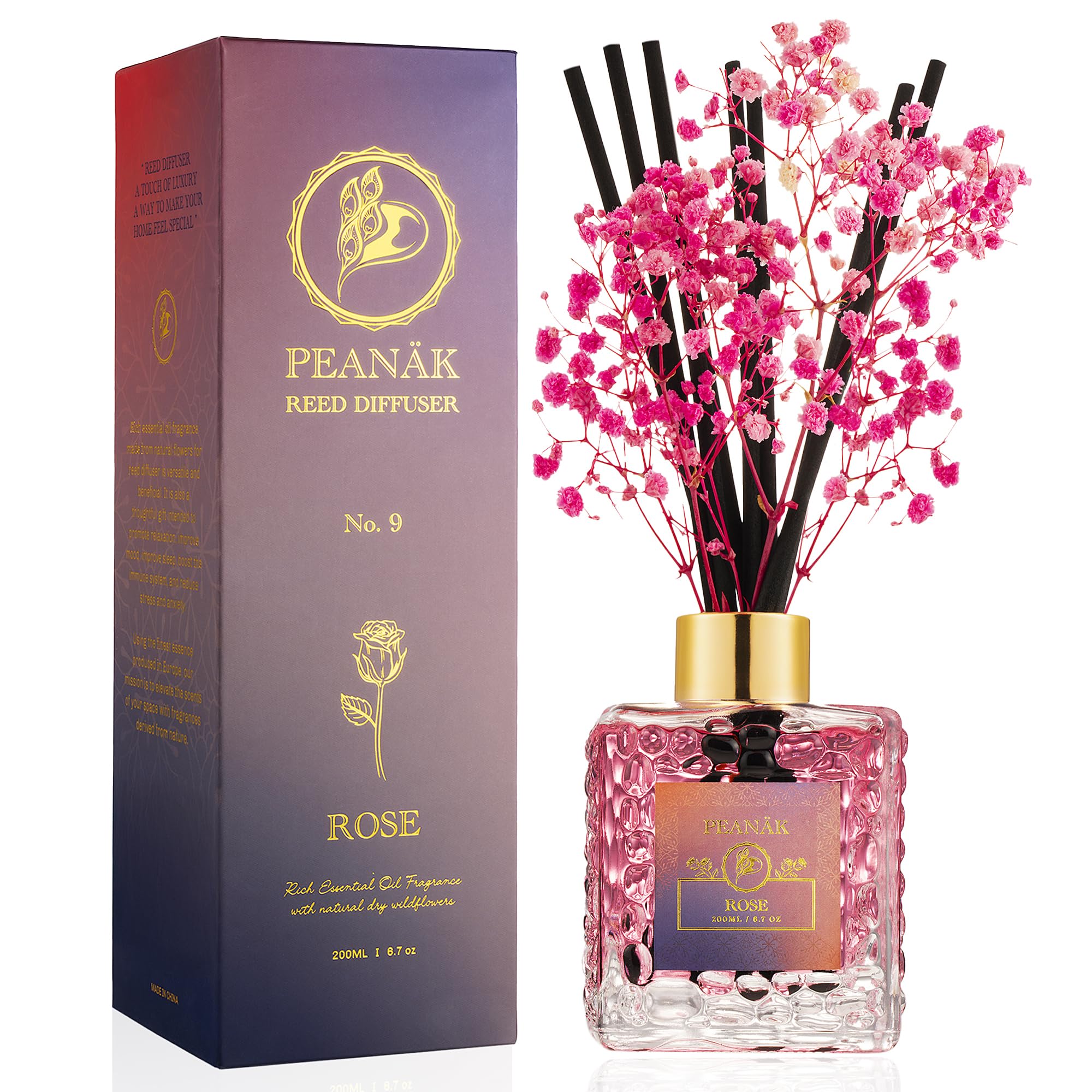PEANÄK Reed Diffuser Set - Rose Honey Fragrance 6.7oz (200 ml) - Real Preserved Flowers & 8 Reed Sticks for Bathroom Shelf Decor Home Diffuser & Office Scent with Long Lasting Gift Scent