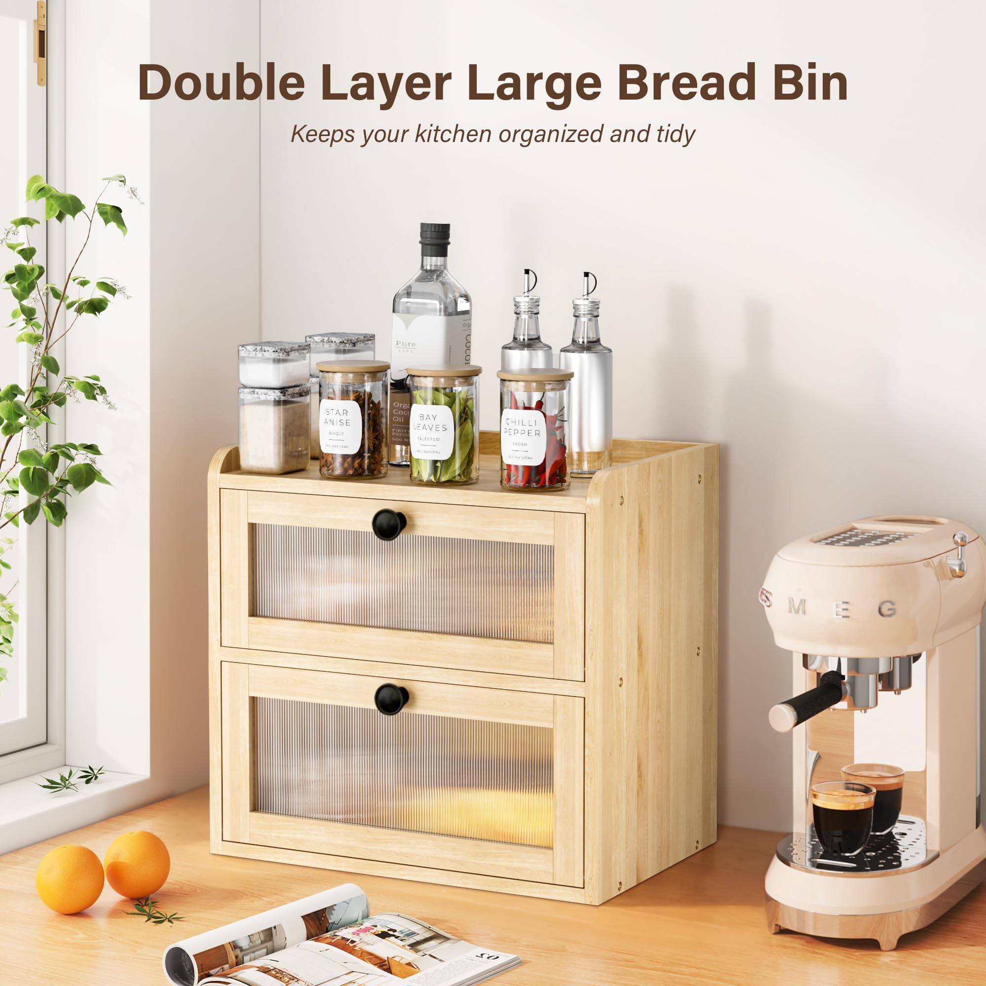 Panera de Madera, Caja Contenedor para Guardar el Pan de Doble Capa con Puerta de Acrílico, Organizador de Encimera para Cocina, Almacenamiento para Bocadillos y Frutas, 36.5x24x34 cm