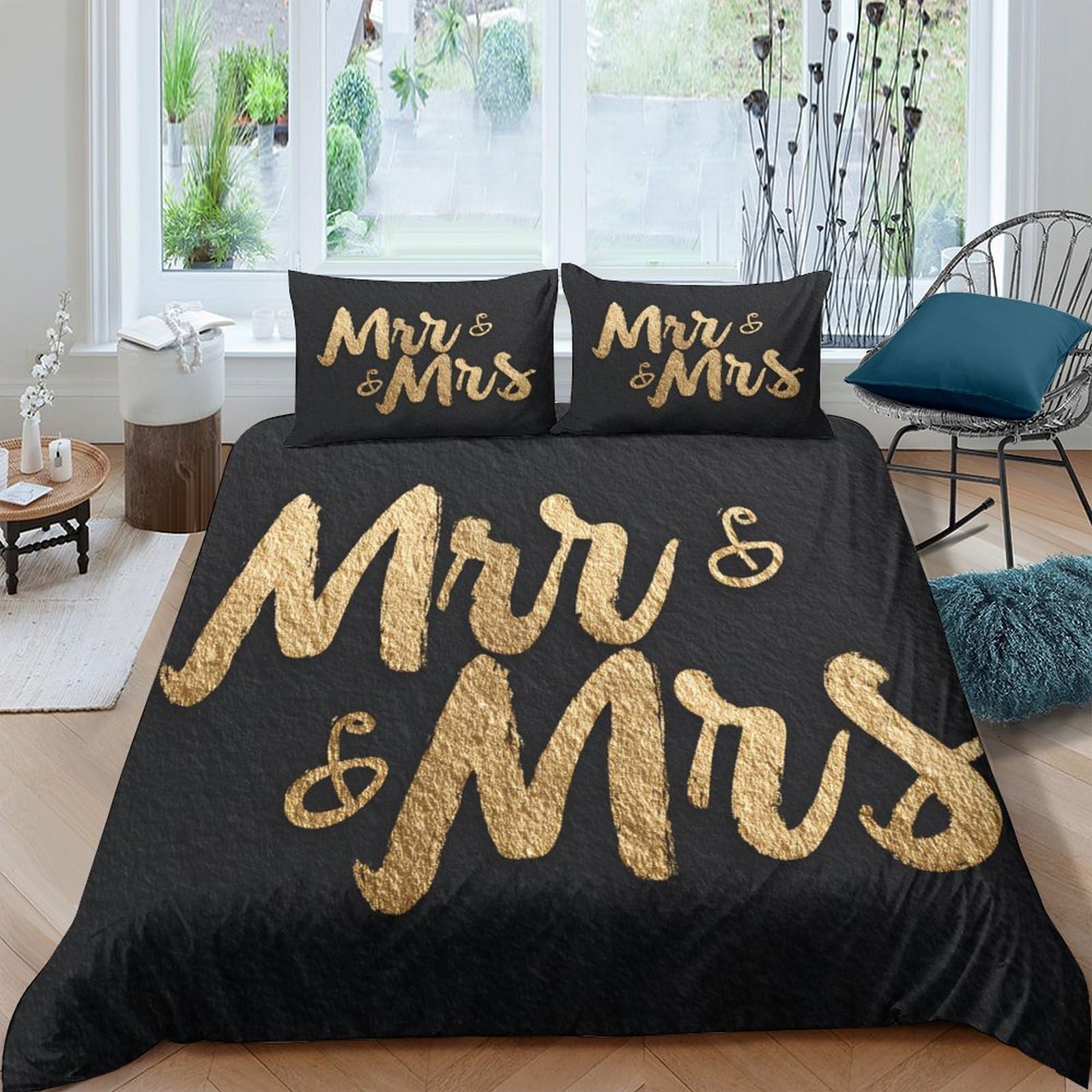 GPLZQXKJNH 3D Printed Mr & Mrs Duvet Cover Set Microfiber Soft Breathable Black Gold Bedding Set with 2 Pillowcases for Bedroom Decor Single（135x200cm）