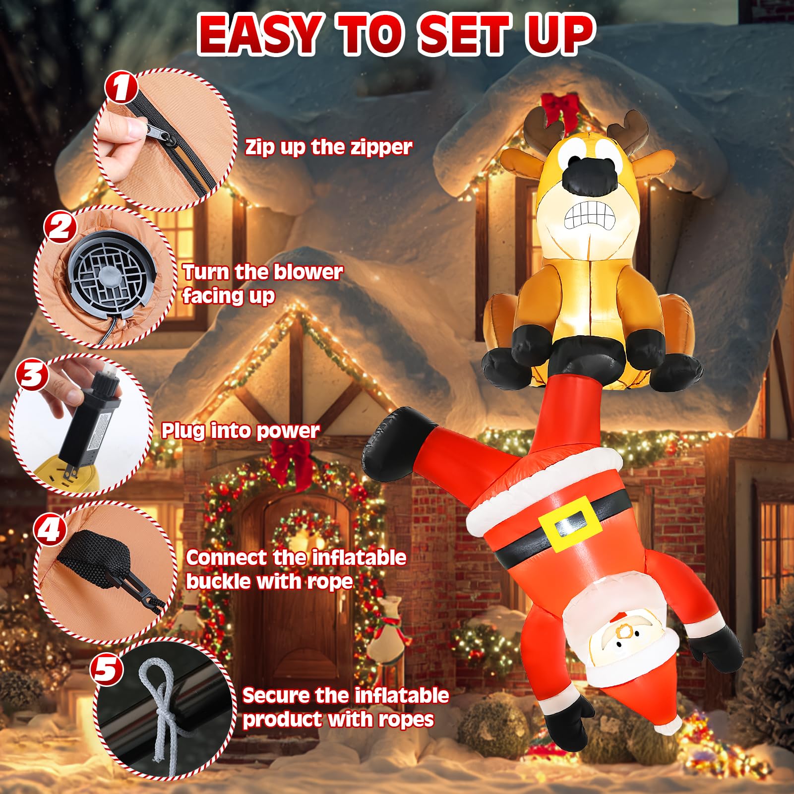 Decoración Inflable de Navidad para Escalar Papá Noel y Renos al Aire Libre, 8 pies, Gigante, Divertido, para Colgar, inflables, Fiesta de Navidad, con Luces LED, decoración de jardín, césped