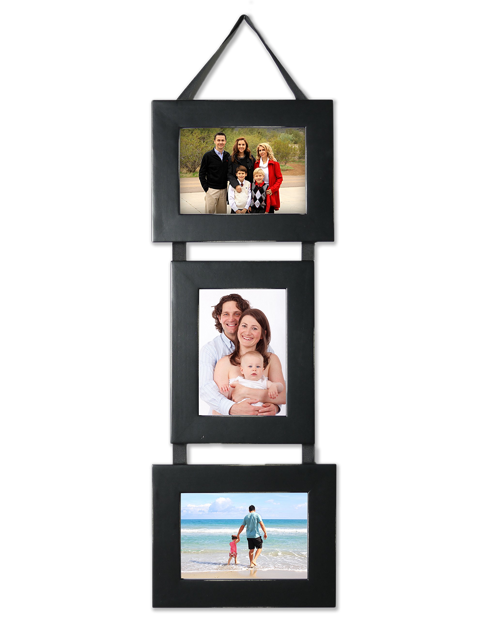 Black Picture Frames Set -Three (3) 5x7 Photo Frames on Hanging Ribbon-2 Landscape 1 Portrait by MyBarnwoodFrames