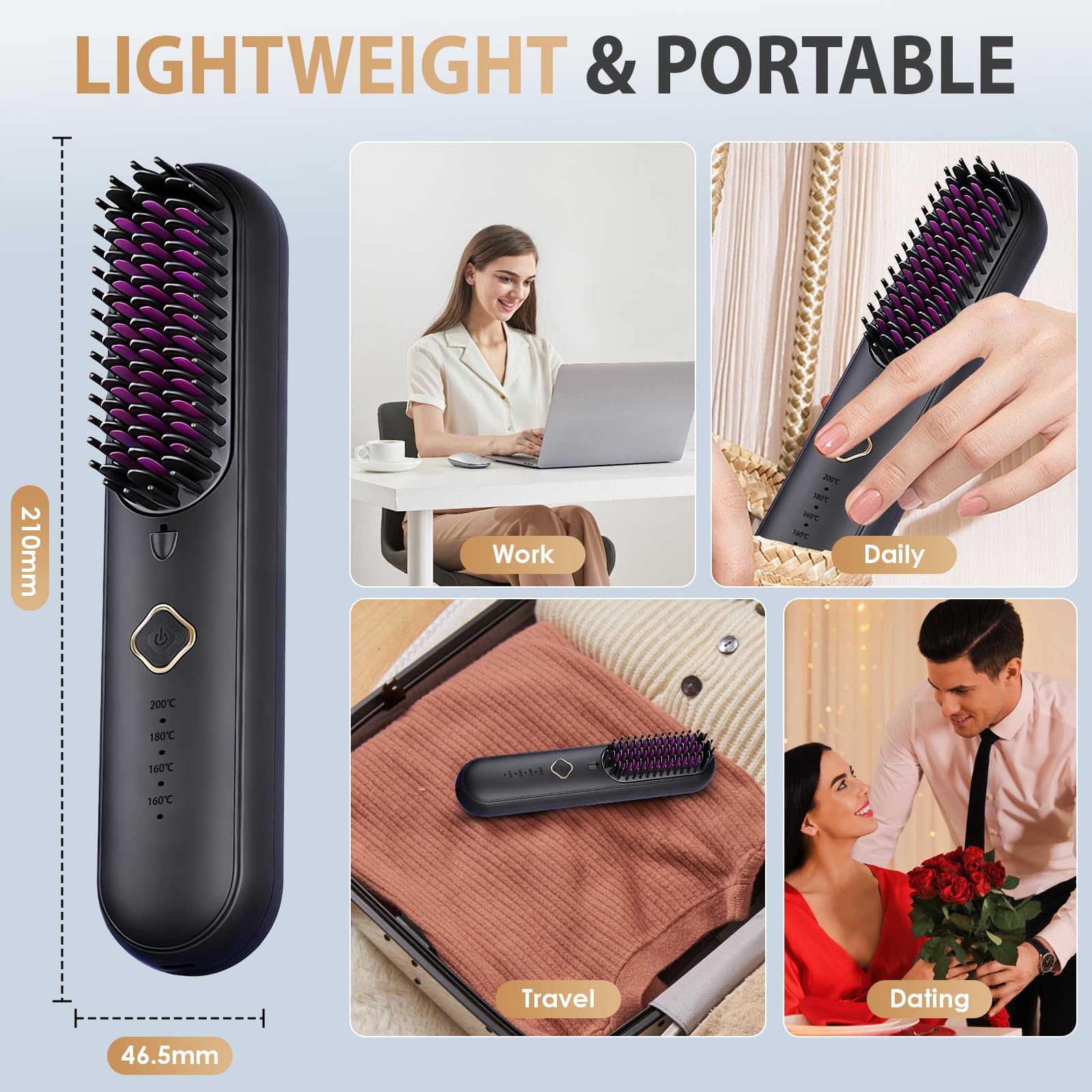 Mini Haarglätter Bürste, Tragbare Glättbürste Kabellos, Professionelles Haarwerkzeug zum Stylen, 4 Temp Einstellungen (140℃-200℃) & Verbrühungsschutz, Ionen Haarglätter für Alle Haarlängen