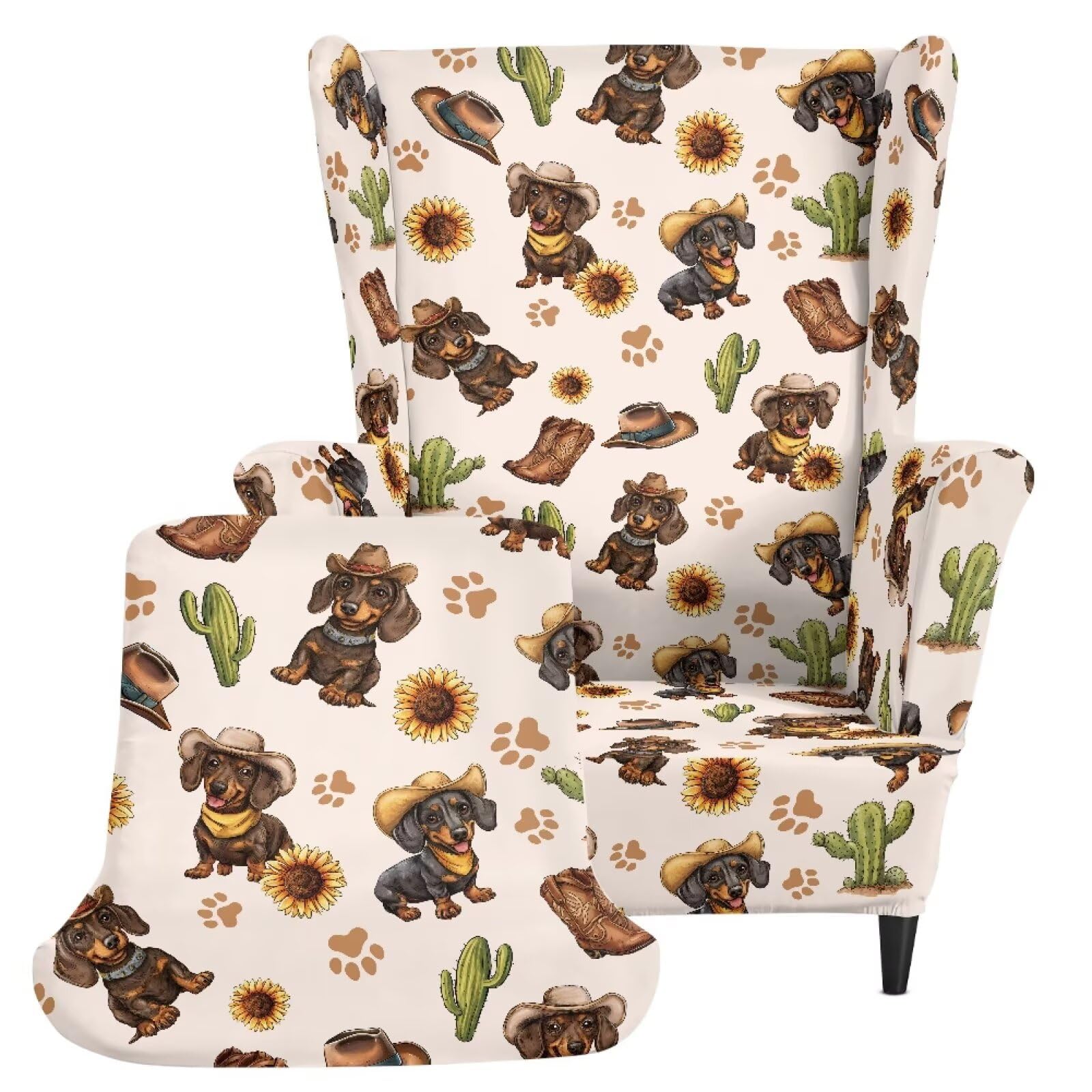 Xoenoiee Fundas elásticas para sillón, diseño de perro salchicha, girasol, cactus, 2 piezas, fundas elásticas para sillón, protector antideslizante para muebles para sala de estar