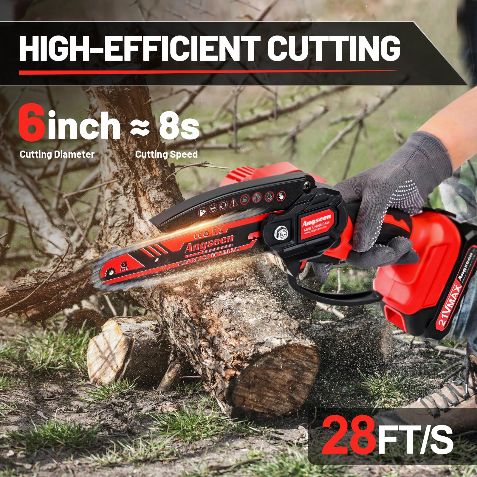 Mini Chainsaw Cordless 6 Inch, Electric Chainsaw with 2 Battery and 850W Motor, Small Battery Chainsaw with 2 Chains and Safety Lock, Light Weight Handheld Chainsaw for Wood Cutting Tree Trimming - 3