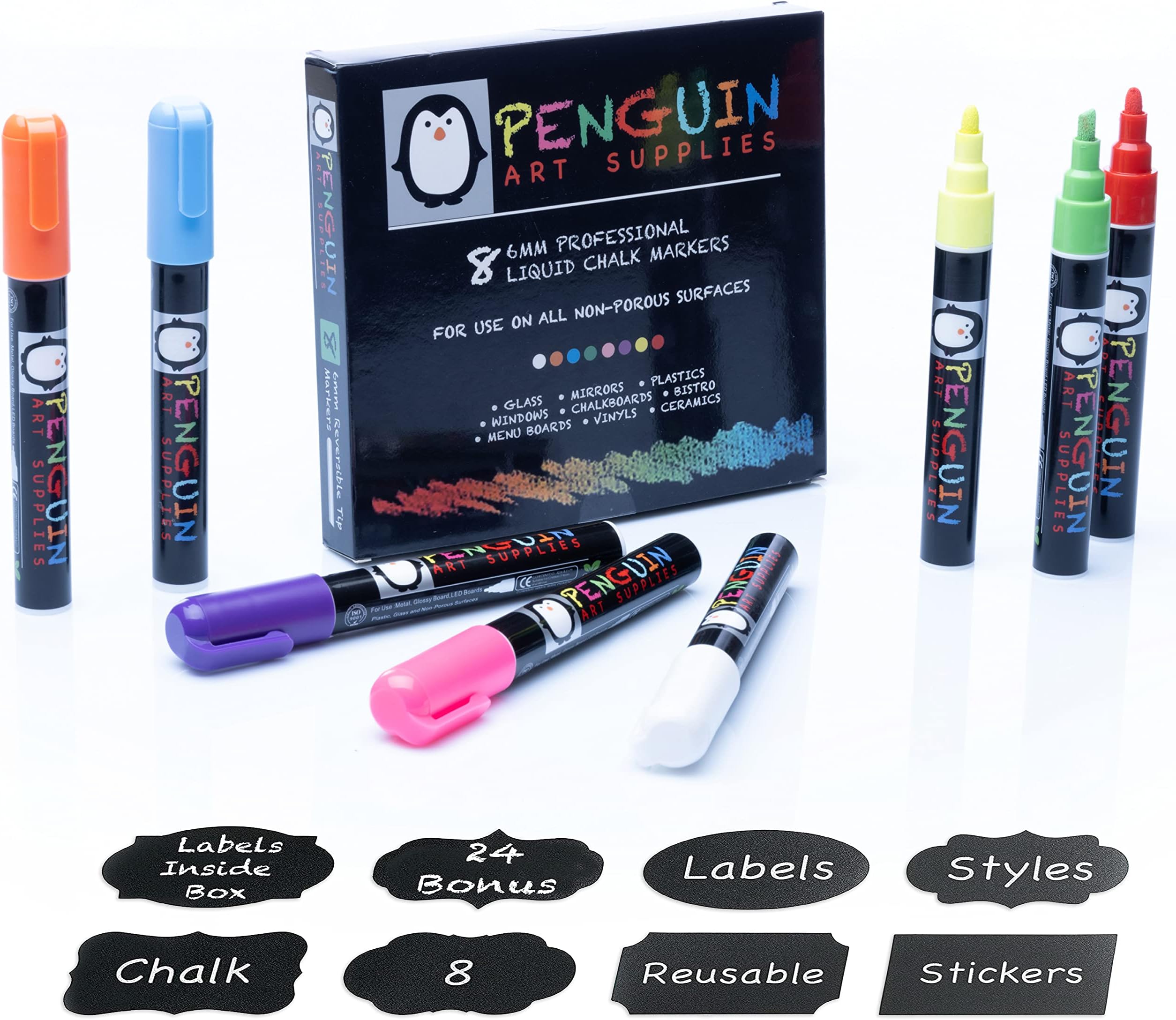 Liquid Chalk Markers - Set of 8 6 mm Fine Tip Chalk Pen + FREE 24x Chalkboard Stickers - Whiteboard Markers, Dry Erase Markers, Glass Markers - Use for White Board Markers, Window Markers for Glass washable and Car Decorations