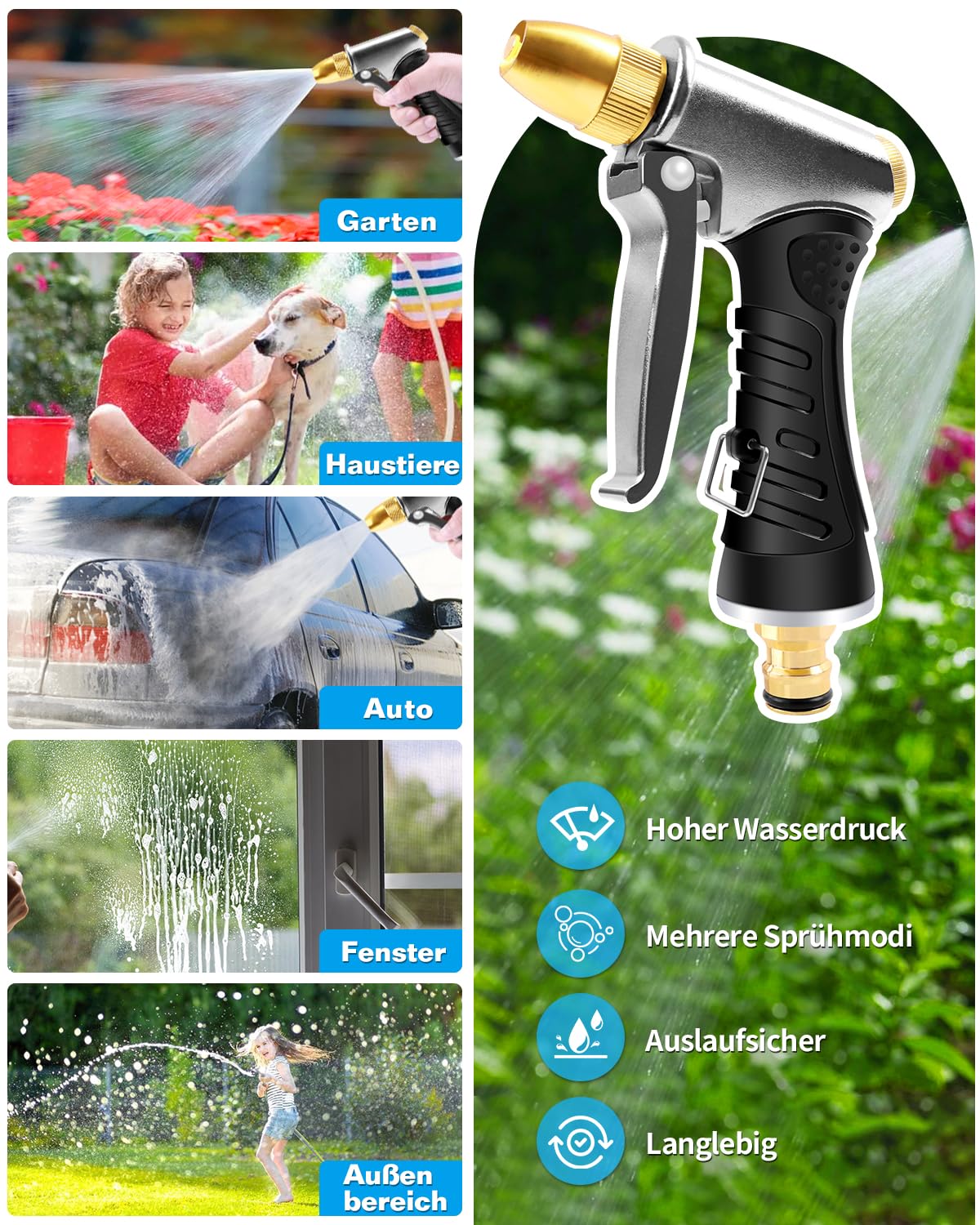 QWORK Hochdruck Gartenbrause - 9 Funktionen Metal Brause Mit Schnellverschluss