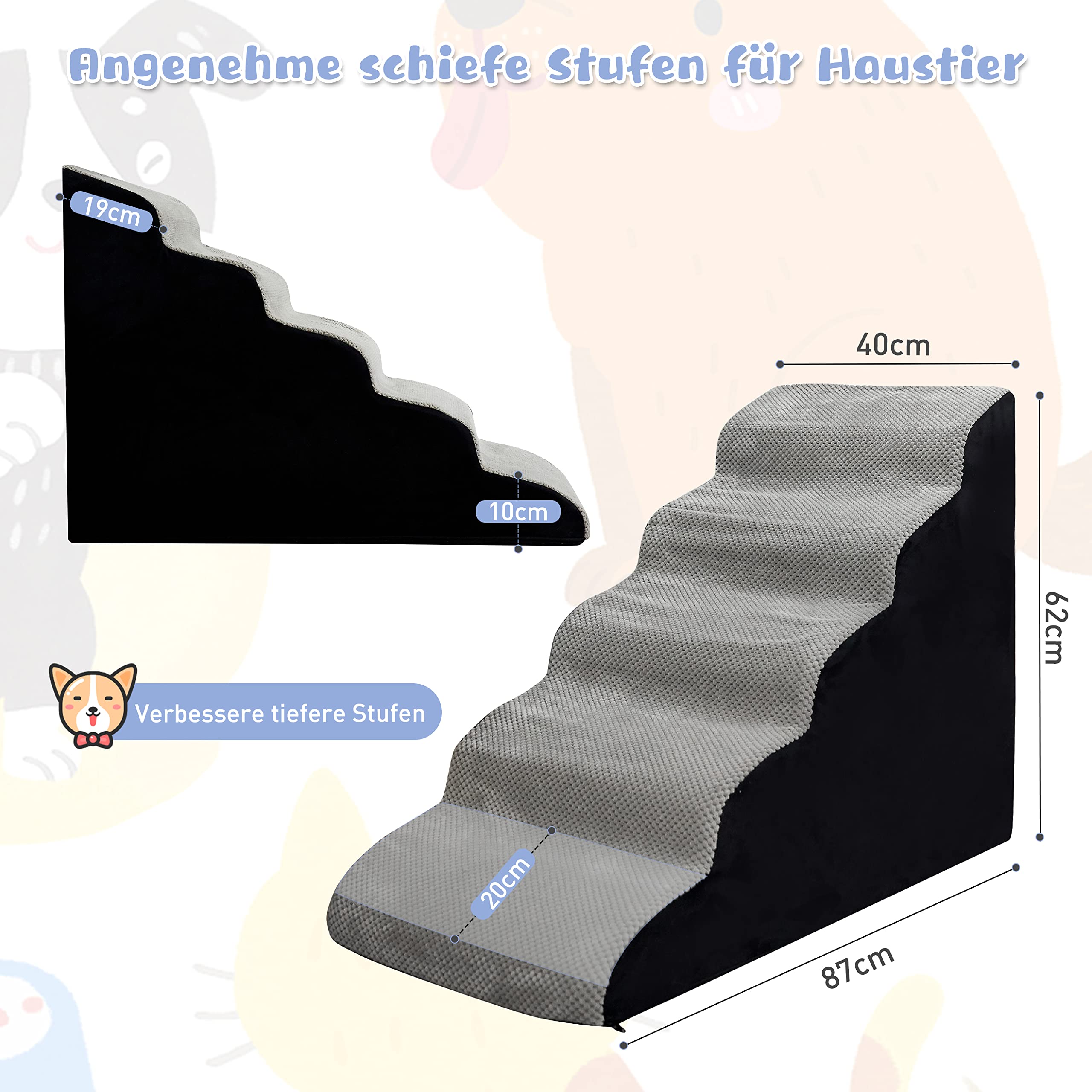 A.FATI Escalier pour chien de 60 cm de haut, 5 marches pour lit à sommier tapissier, canapé, escalier antidérapant pour animaux de compagnie pour petits chiens ou chats blessés – avec corde jouet pour