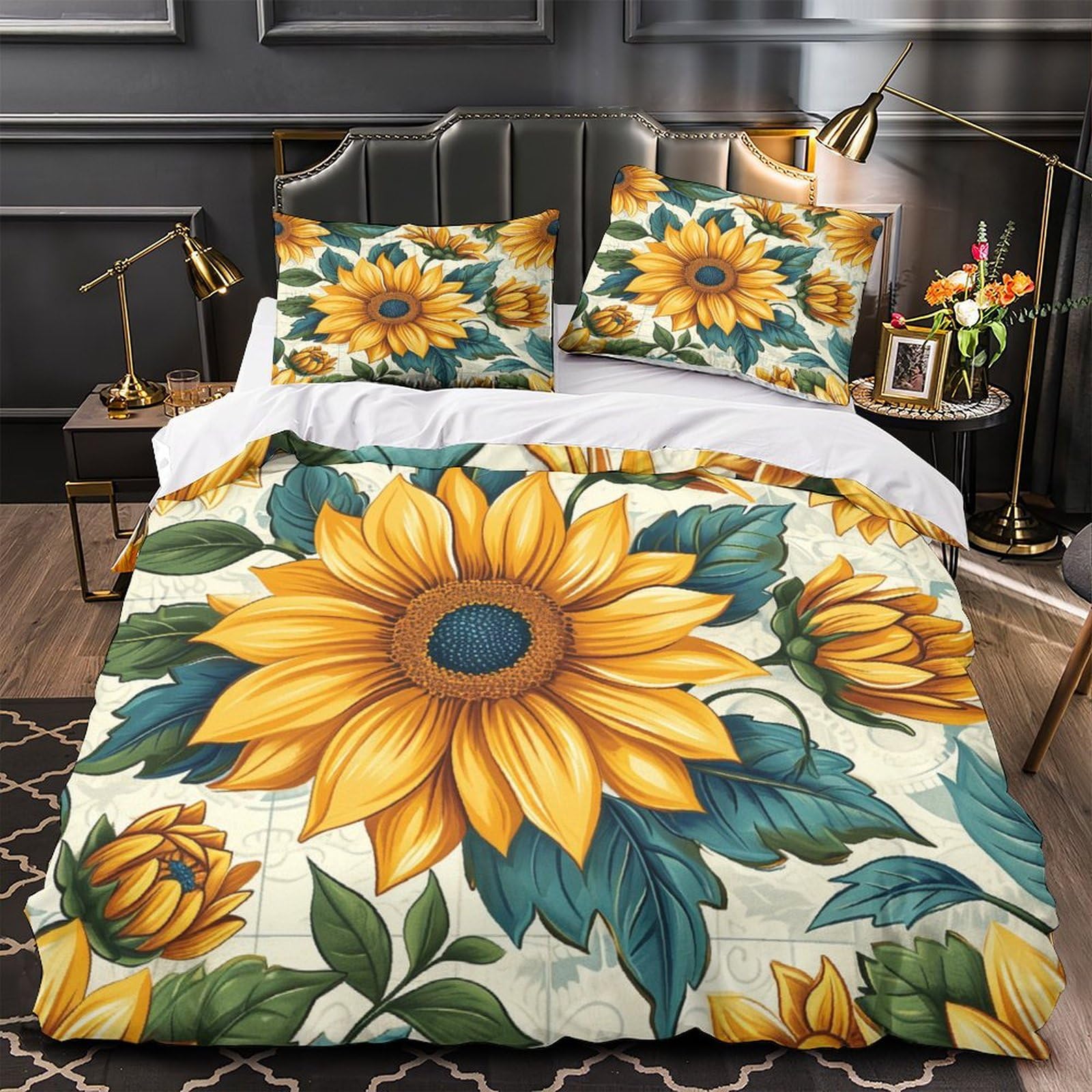 kaiyun Flower 3D Print Duvet Cover Sunflower 3 Piece Quilt Covers Bedding with Zipper Closure,with Pillowcase Microfiber Comforter Cover for Boys Girls Adult Super King（260x220cm）