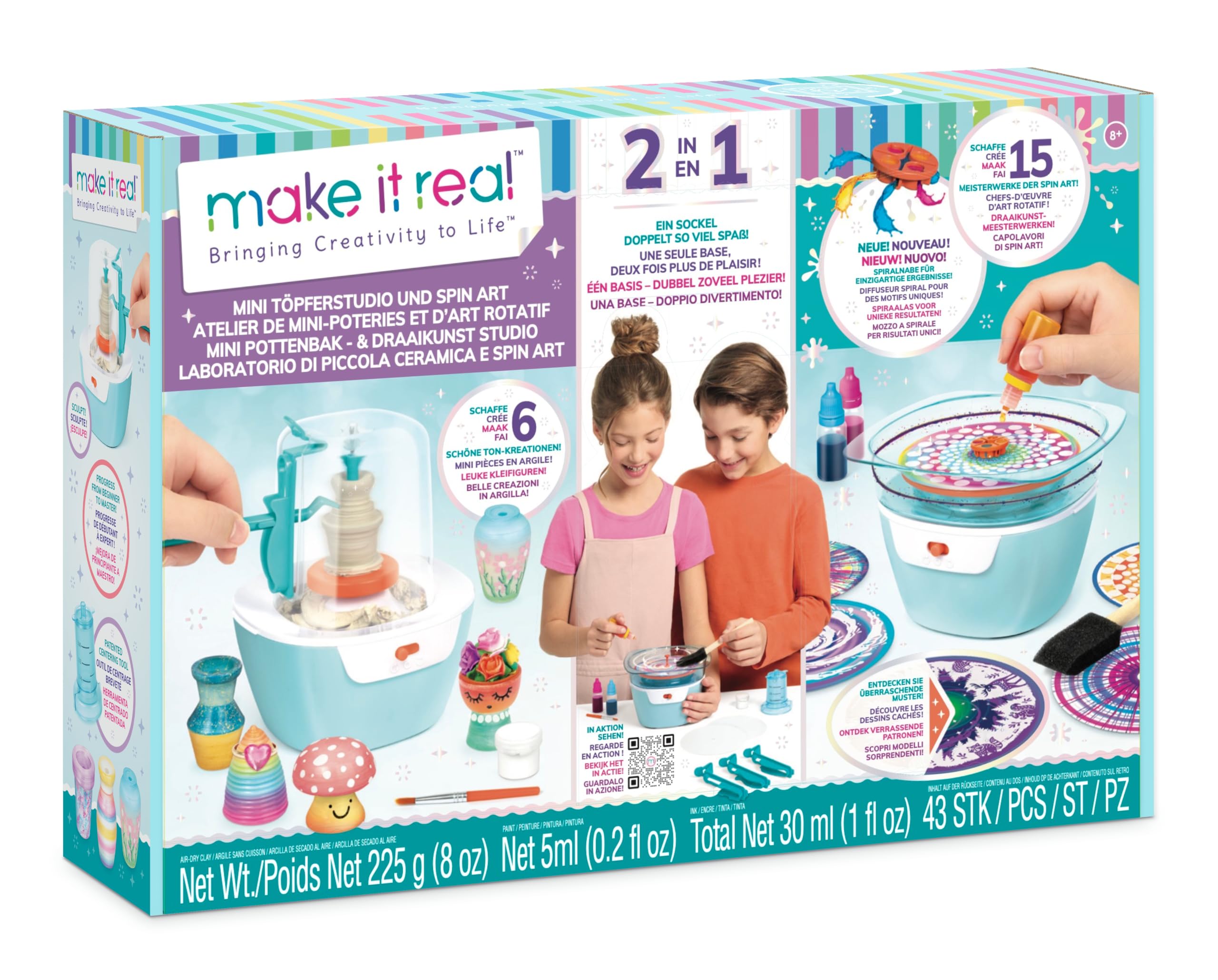 Make It Real Laboratorio di Piccola Ceramica e Spin Art 2 in 1 – Kit Creativo con Tornio per Ceramica e Spin Art Elettrica, Realizza 6 Creazioni in Argilla e 15 Opere Artistiche, Idea Regalo Creativa