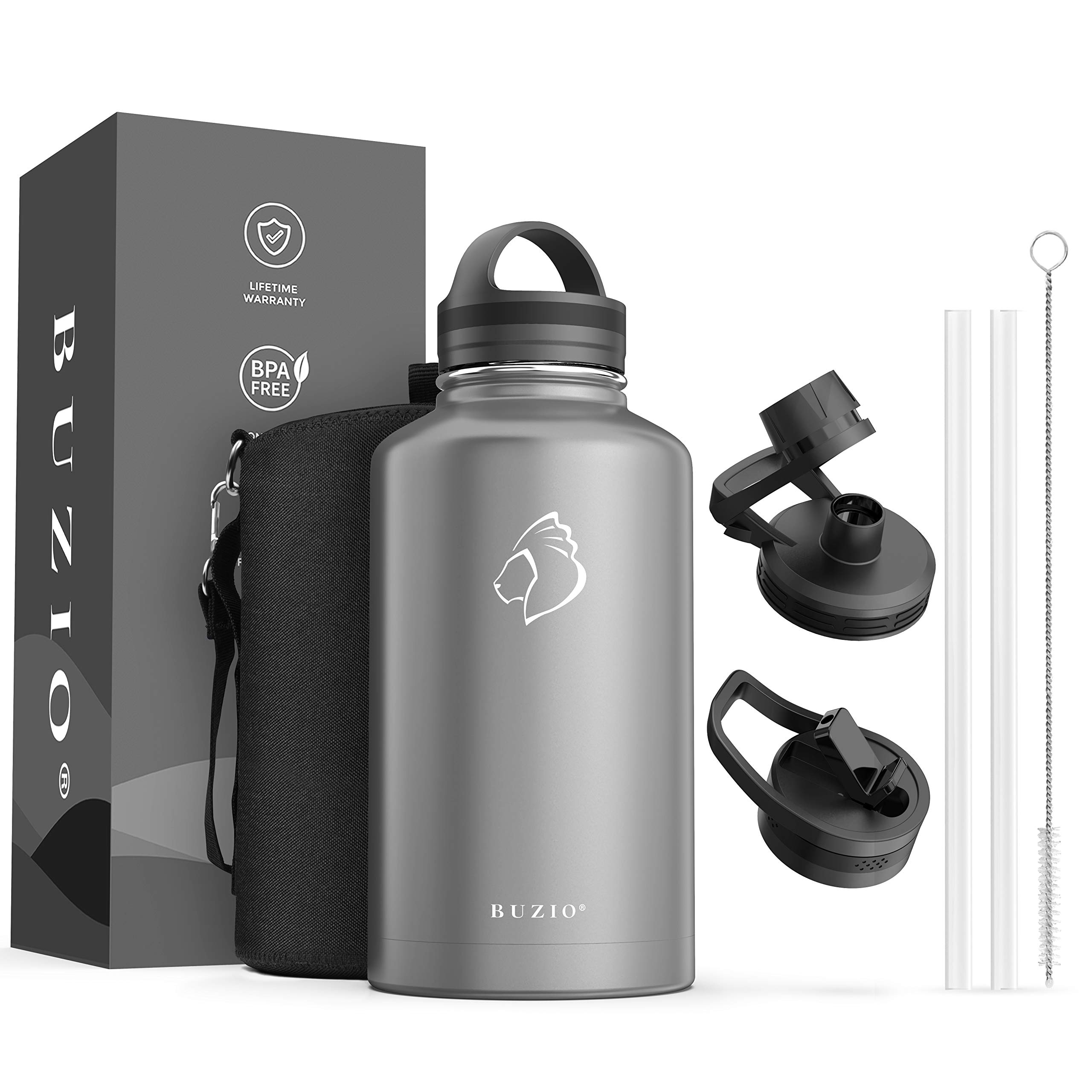 BUZIO 64oz Stainless Steel Insulated Water Bottle Flask grey