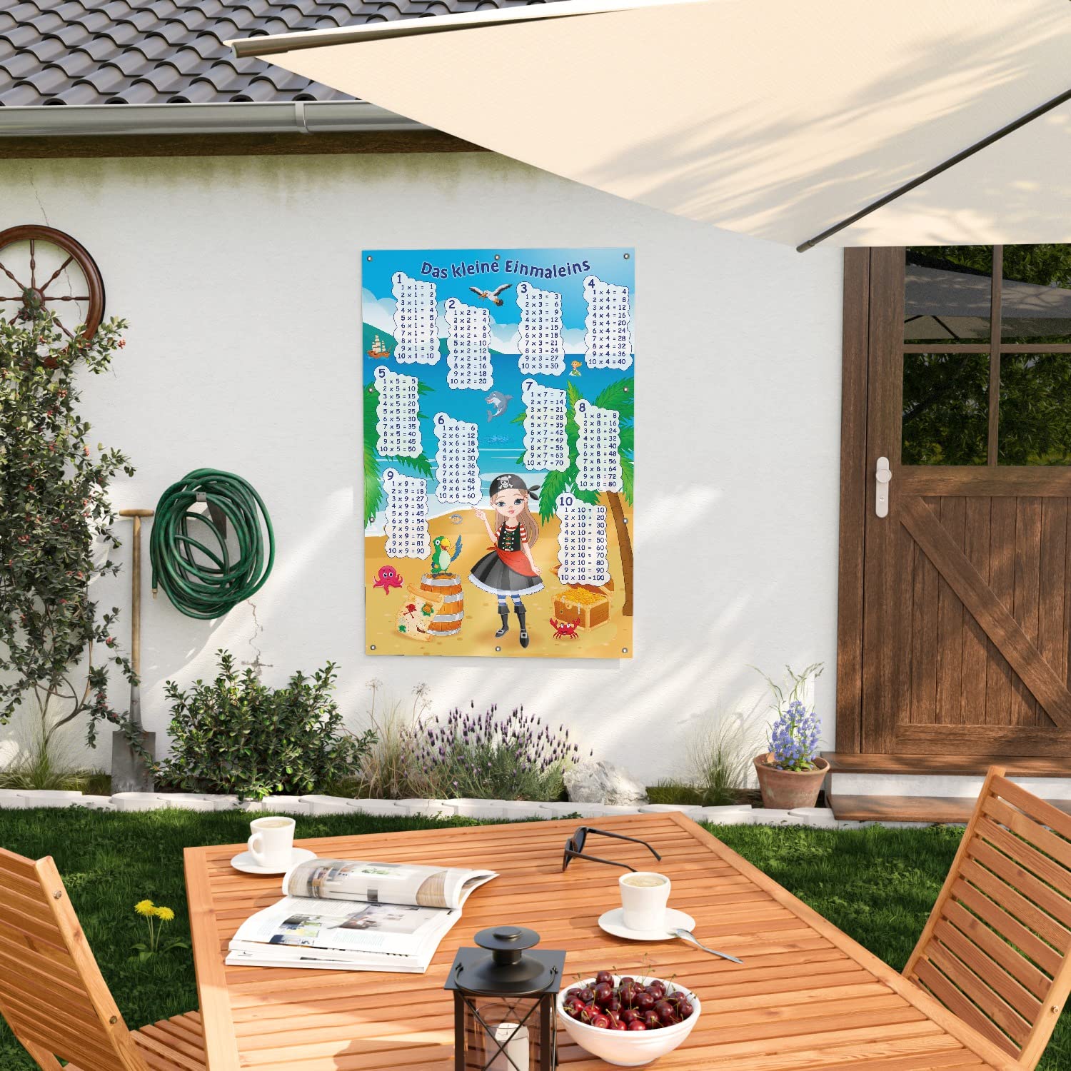 Wallario Outdoor-Poster für Garten oder Balkon Das kleine Einmaleins mit der Piratin, Motivbanner Größe: ca. 100 x 150 cm, Outdoor-Bild
