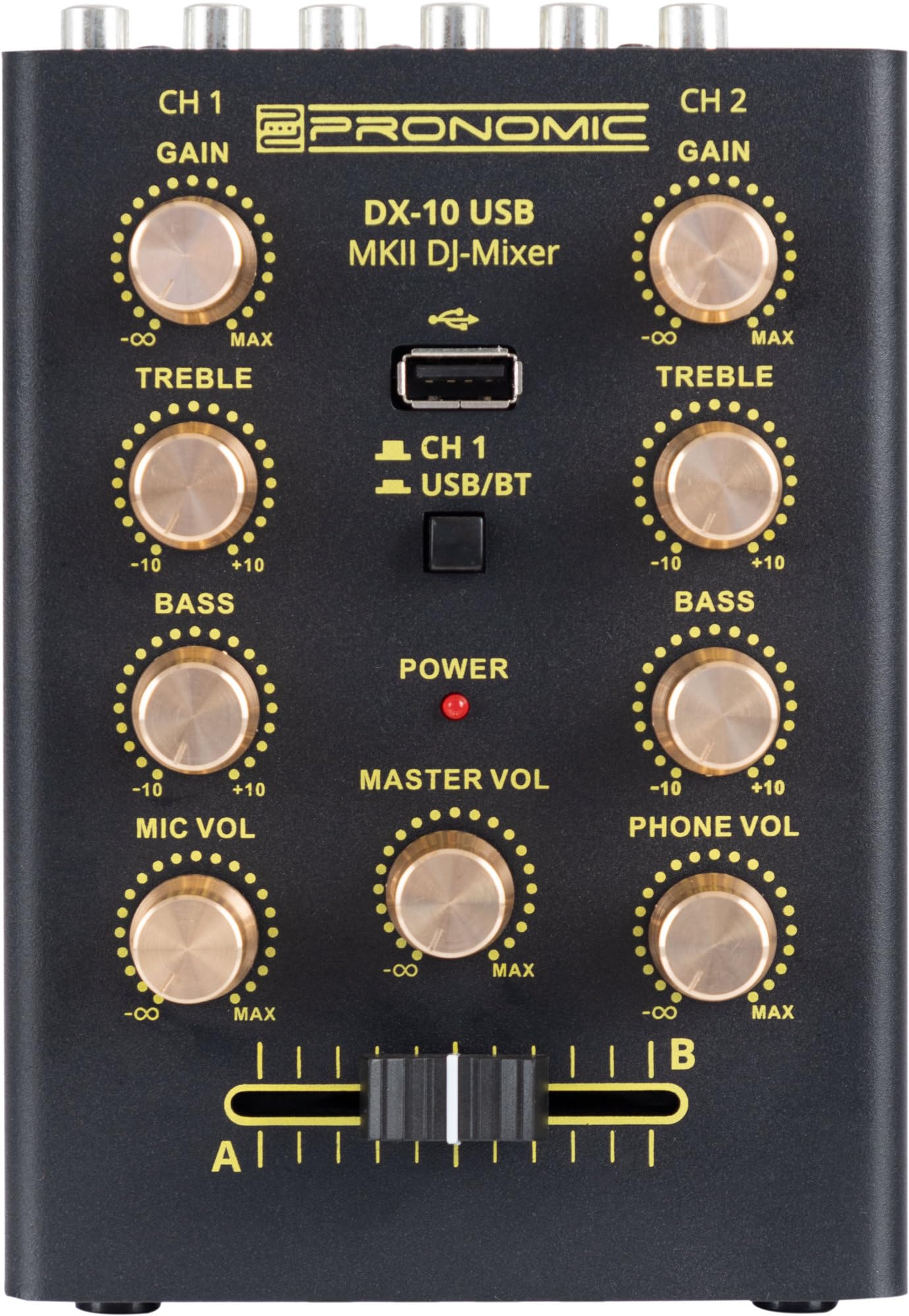 Pronomic DX-10 USB MKII DJ Mixer - mixeur DJ compact 2 canaux - deux entrées ligne - égaliseur 2 bandes - Bluetooth et USB - entrée micro - sortie casque - noir