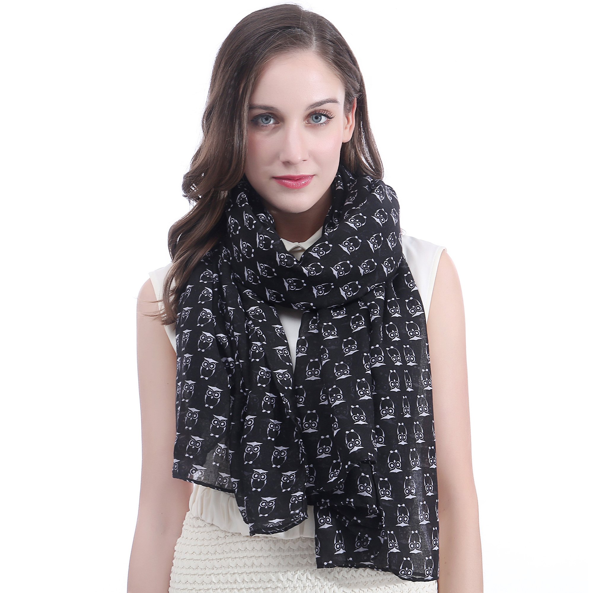 Lina & Lily Women's Black Owls Print Large Scarf Shawl Lightweight (Black)(Size: 180Cm X 90Cm)