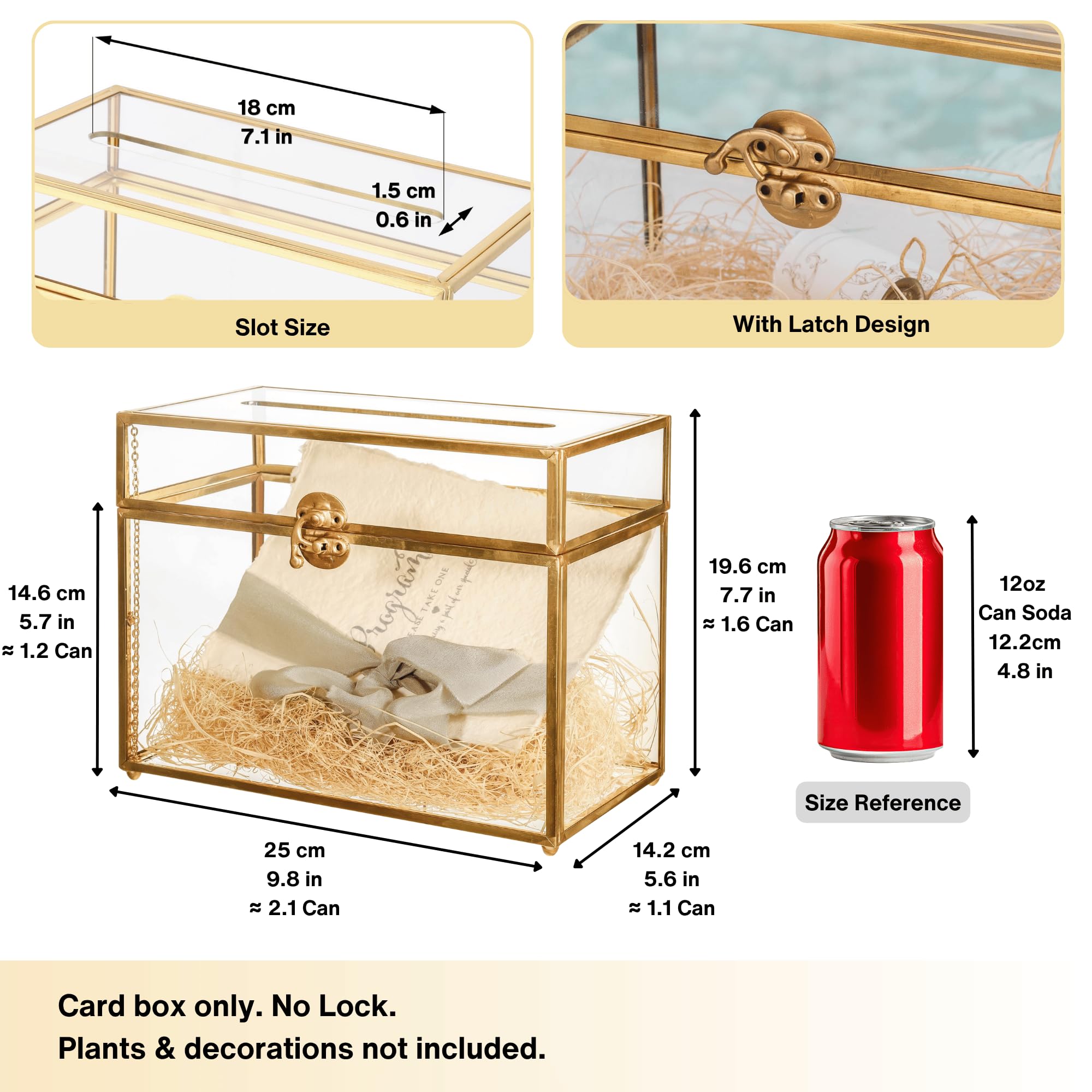 NCYP Caja de tarjetas de cristal de 25,4 cm Rectangular con forma de terrario, dorado con pie para recepción de boda, recuerdo de, centro de fiesta recipiente (solo caja de vidrio)